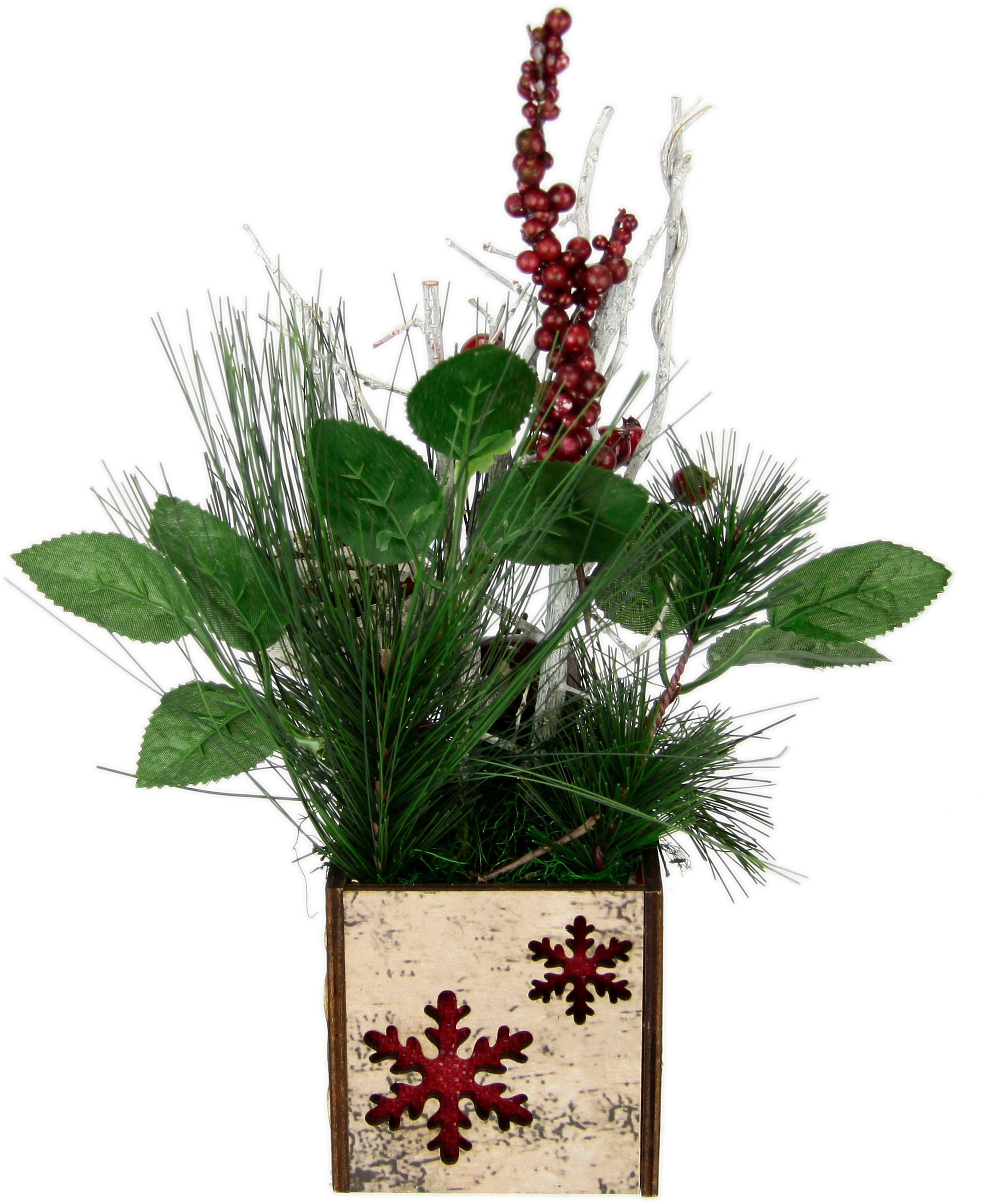 I.GE.A. Winterliche Kunstpflanze »Weihnachtsgesteck mit Apfel im Topf, winterliches Arrangement,«, Kunstblumen-Gesteck mit Zapfen, Beeren und Dekozweigen, Weihnachtsdeko