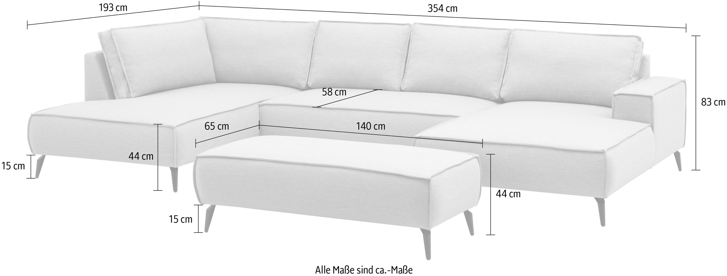 Home affaire Wohnlandschaft »Tvinnu, moderne U-Form, Couch in Cord oder Webstoff in Leinenoptik« Recamiere rechts/links, schwarze Metallfüße, bequeme Sitz-/Liegefläche