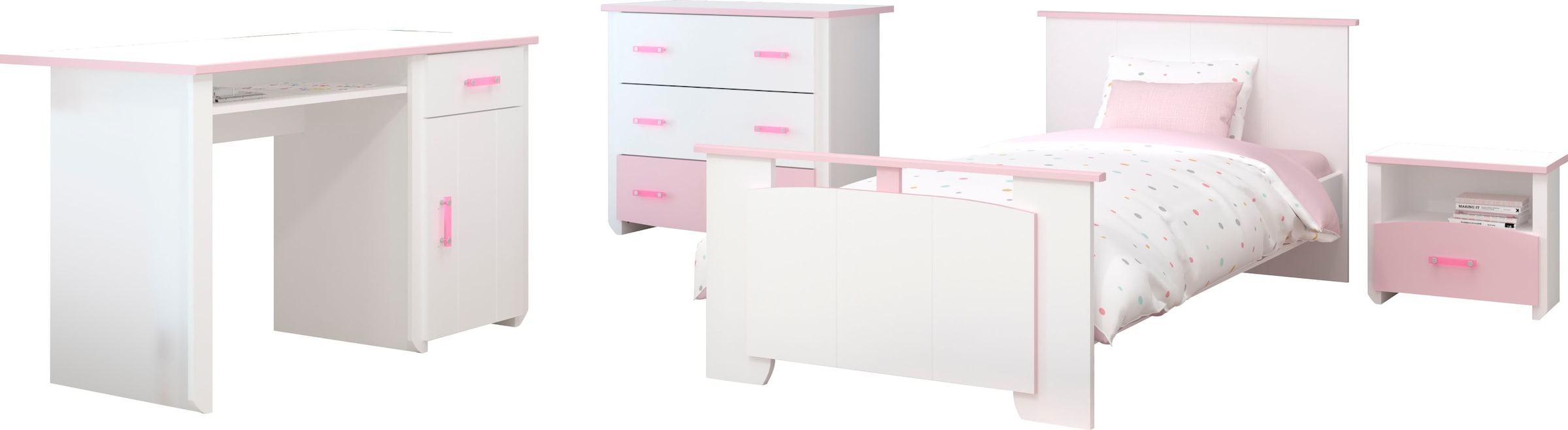Parisot Jugendzimmer-Set »Biotiful«, (4 tlg., Bett, Nachttisch, Schubkastenkommode, Schreibtisch)