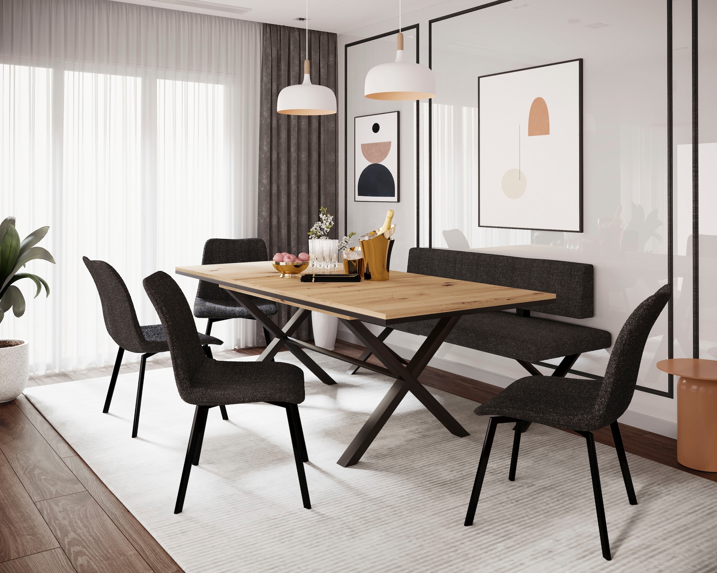 HELA Essgruppe »SAAR«, (6 tlg.), Tisch 160-200x90 cm, Einlegeplatte, X-Gestell, Stuhl 360° drehbar