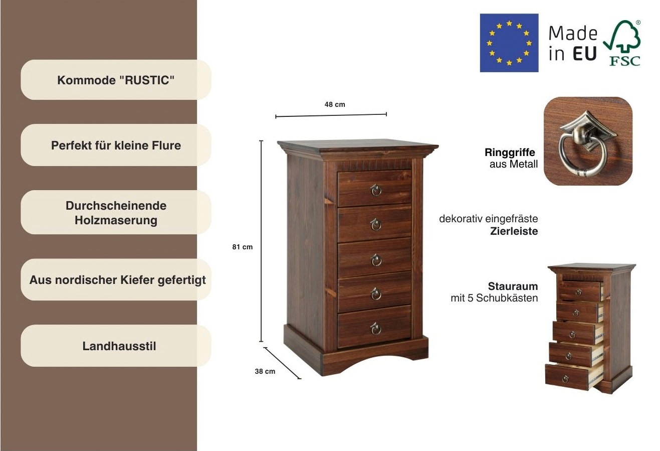 Home affaire Kommode »Rustic«, Breite 48cm, aus massiver Kiefer, FSC®-zertifiziert