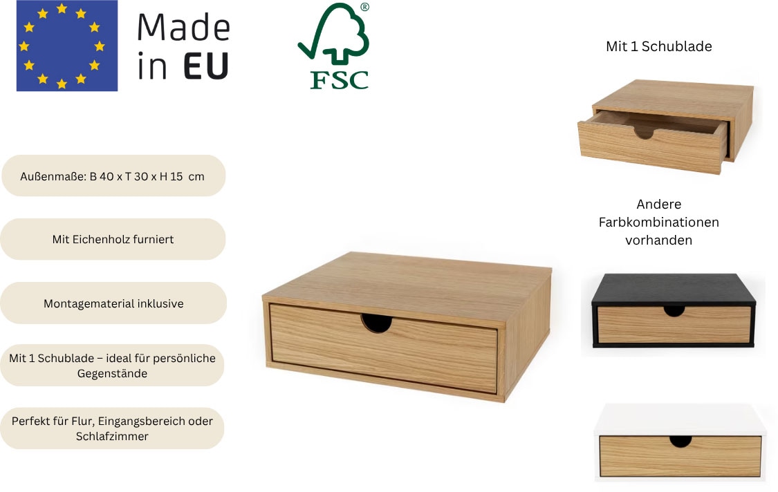 Woodman Nachttisch »Farsta, Beistelltisch, Ablage mit Schublade« Holzfurnier aus Eiche, Breite 40 cm, Wandmontage, FSC®