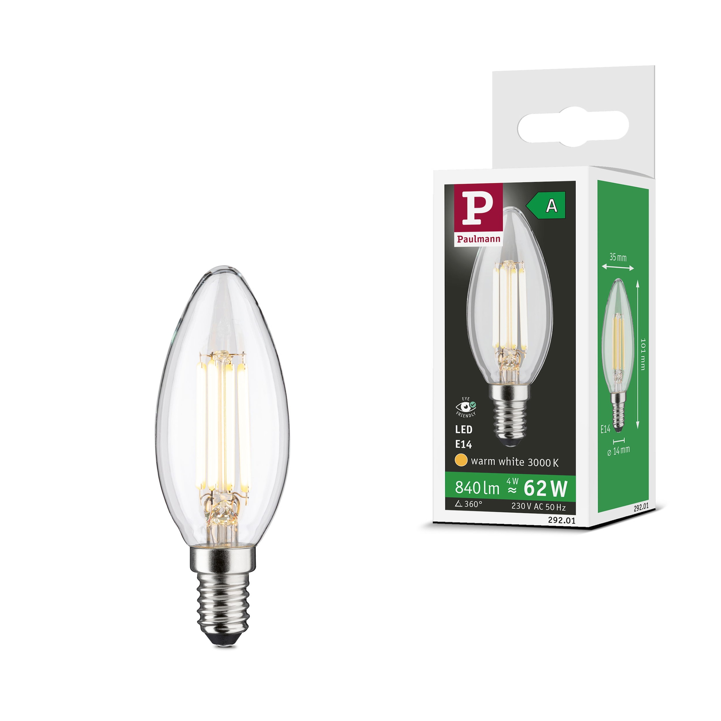 Paulmann LED-Leuchtmittel »Eco-Line Kerze 840lm 4W 3000K klar 230V« E14 1 Stk. Warmweiß