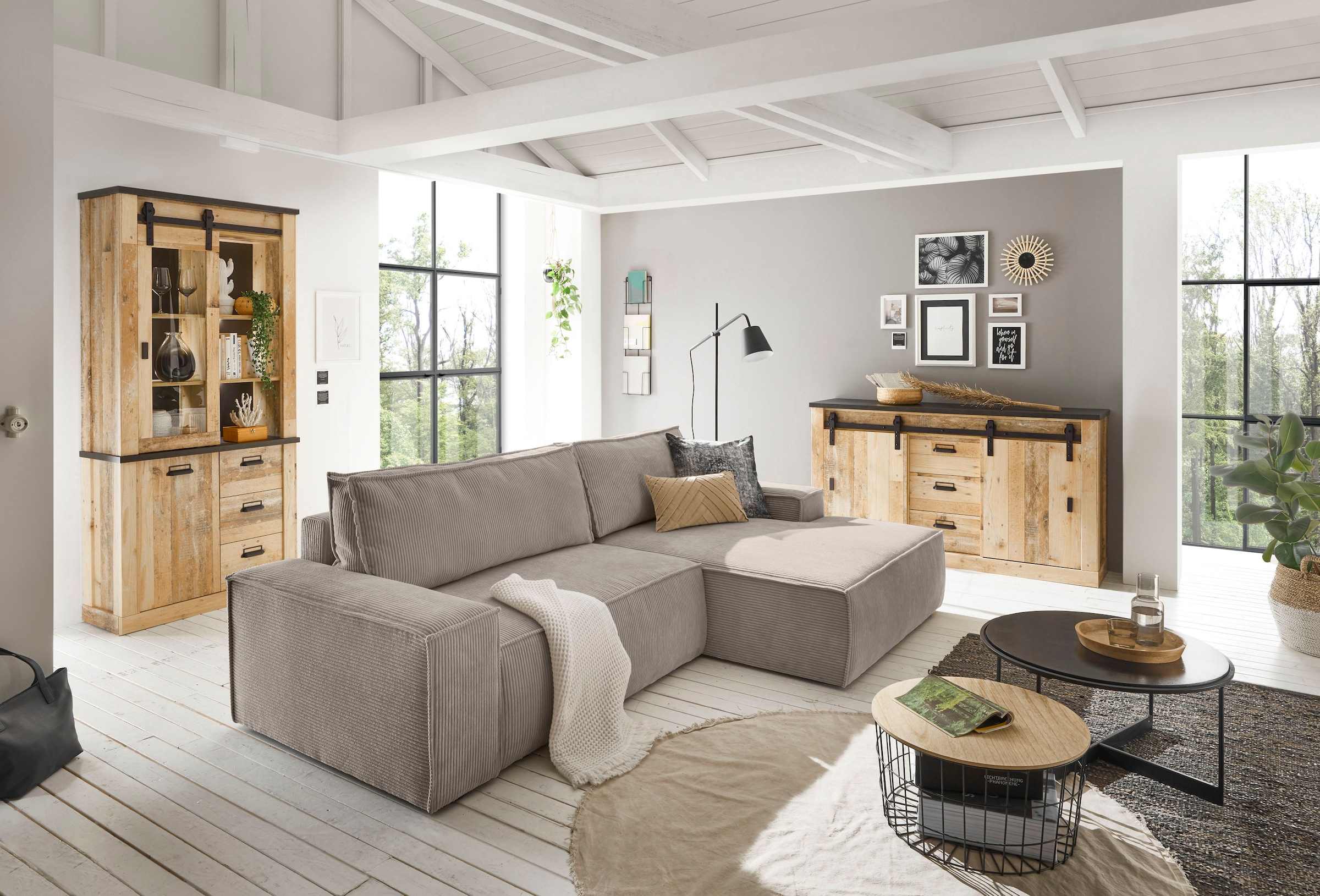 Home affaire Ecksofa »SHERWOOD Schlafsofa 267 cm, L-Form,«, Schlaffunktion mit Bettkasten (210x136 cm), Cord, Vintage, Samtvelours