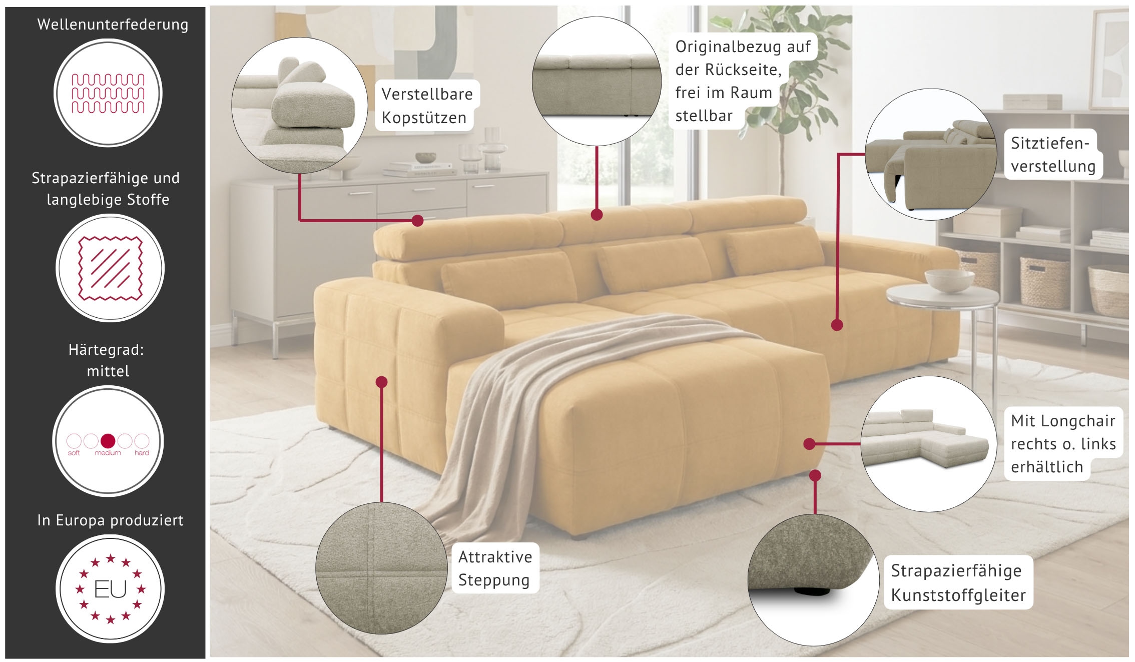 OTTO home Ecksofa »Ballerup 235 x 175 cm, auch mit verstellbarer Sitztiefe« Kopfteile verstellbar, aus pflegeleichtem, weichem Bezugsstoff, L-Form