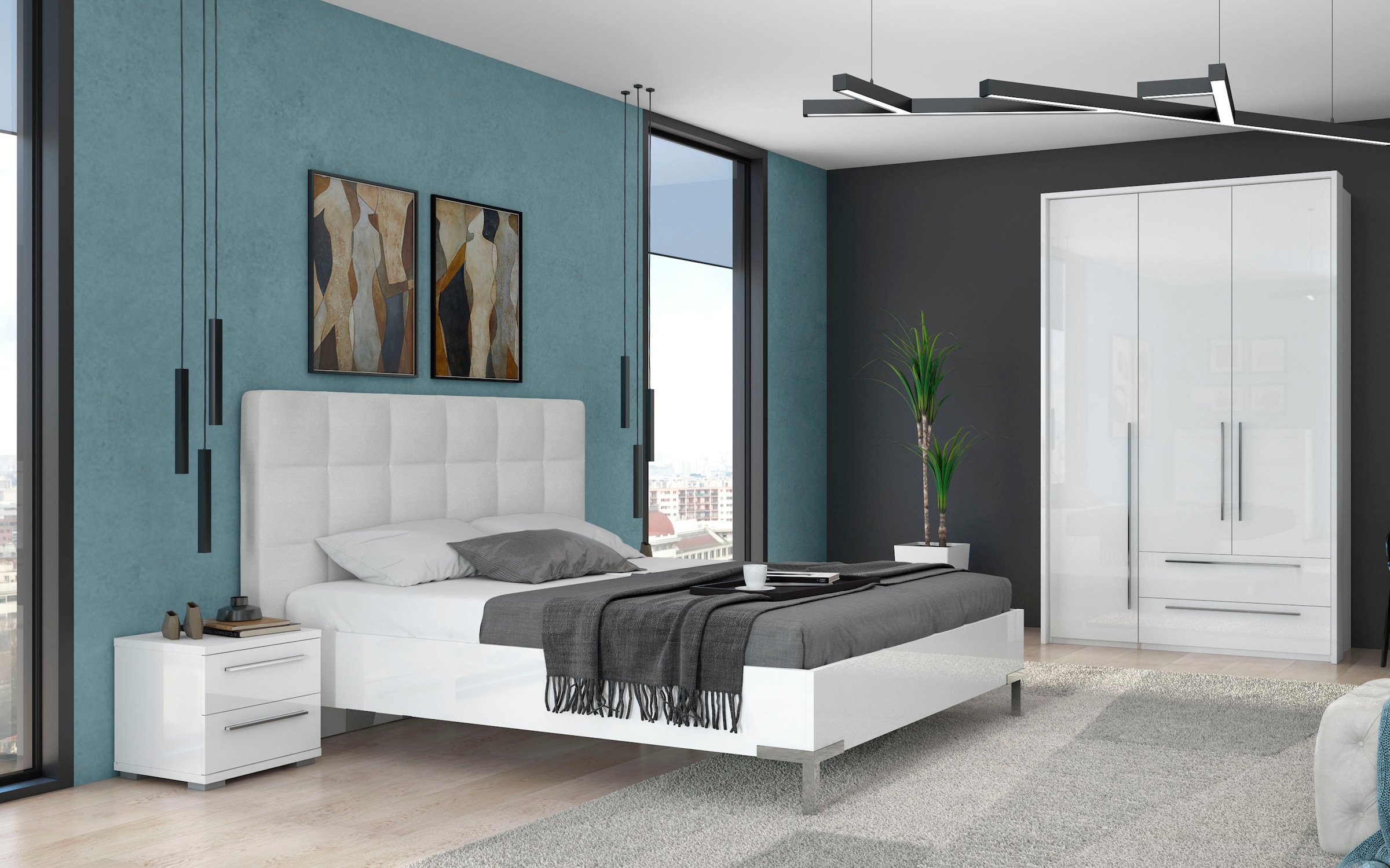 Places of Style Drehtürenschrank »Piano, inklusive Rahmen und Beleuchtung, soft-close-Funktion«, (viele Breiten zur Auswahl, 226cm hoch, mit jeweils 2 Schubladen), beige oder weiß, UV lackiert, Hochglanzfronten, FSC-zertifiziert