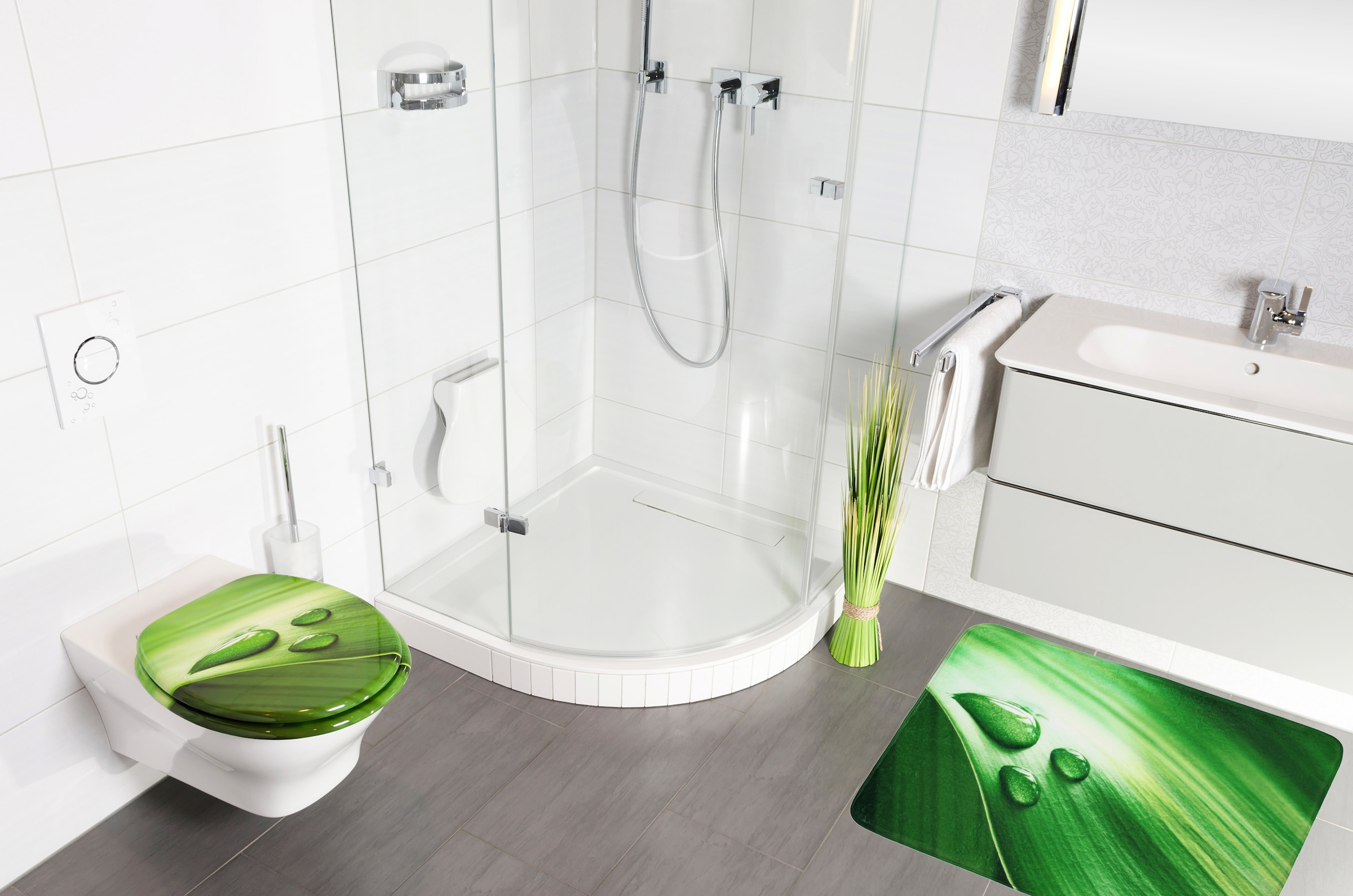 Sanilo Badaccessoire-Set »Green Leaf«, (Komplett-Set, 3 tlg.), bestehend aus WC-Sitz, Badteppich und Waschbeckenstöpsel