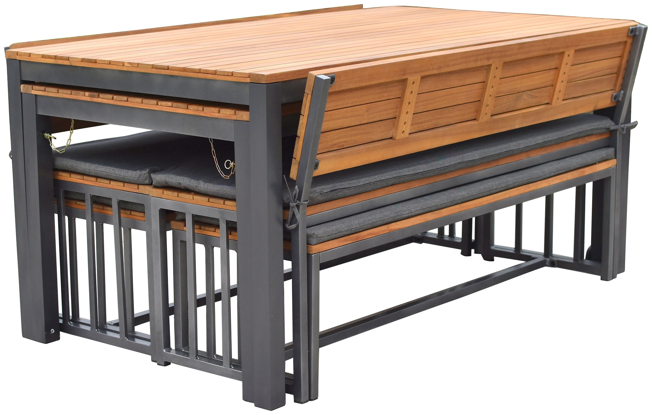 MERXX Garten-Essgruppe "Milos" Set, 4 Bänke (2x mit und 2x ohne Rückenlehne), 2 Tische, 4 Sitzkissen, 10 Stk. tlg. Set ist komplett ineinander verstaubar, geeignet für 12 Personen
