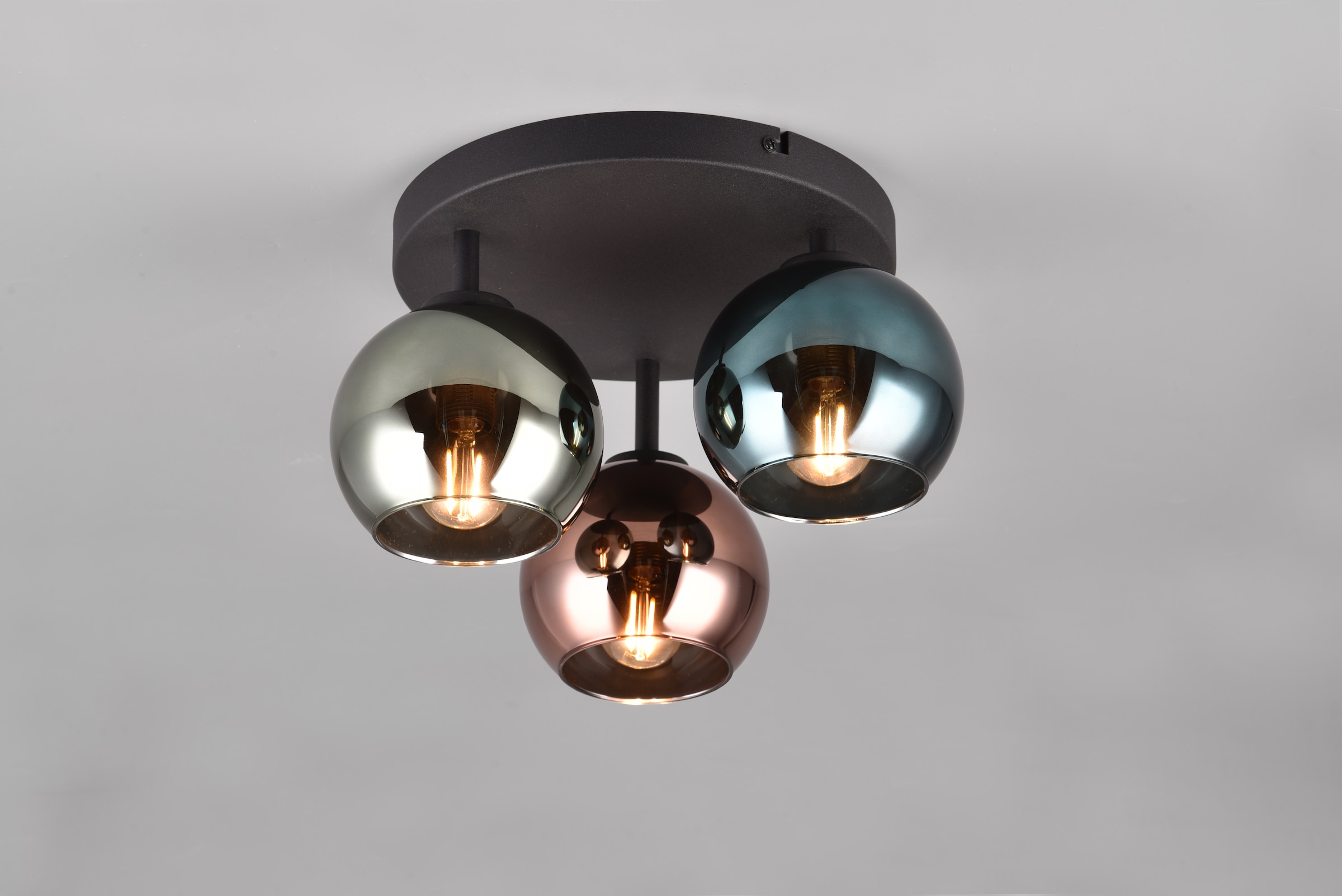 REALITY Leuchten Deckenleuchte »SHELDON, Deckenlampe 3-flammig exkl 3x E14 max 10W Glasschirme bunt«, 3 flammig, Leuchtmittel E14 | Leuchtmittel wechselbar, Ø gesamt 33cm, Deckenleuchte blau grün + kupfer Glas verspiegelt