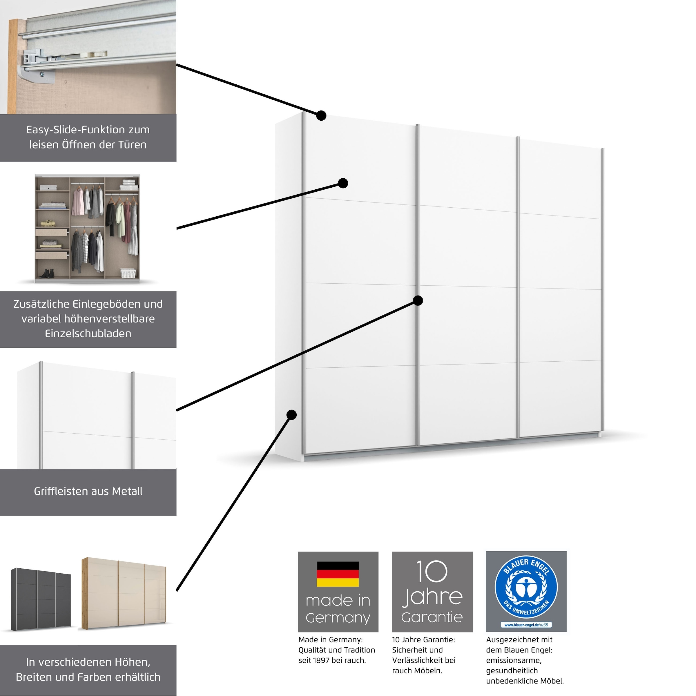 rauch Schwebetürenschrank »Kleiderschrank Schrank Garderobe BESTSELLER KOLUNA mit Spiegel« Breiten 203/271/315/360 cm Höhen 210/229 cm,  inkl. 2 Innenschubladen sowie extra Einlegeböden MADE IN GERMANY
