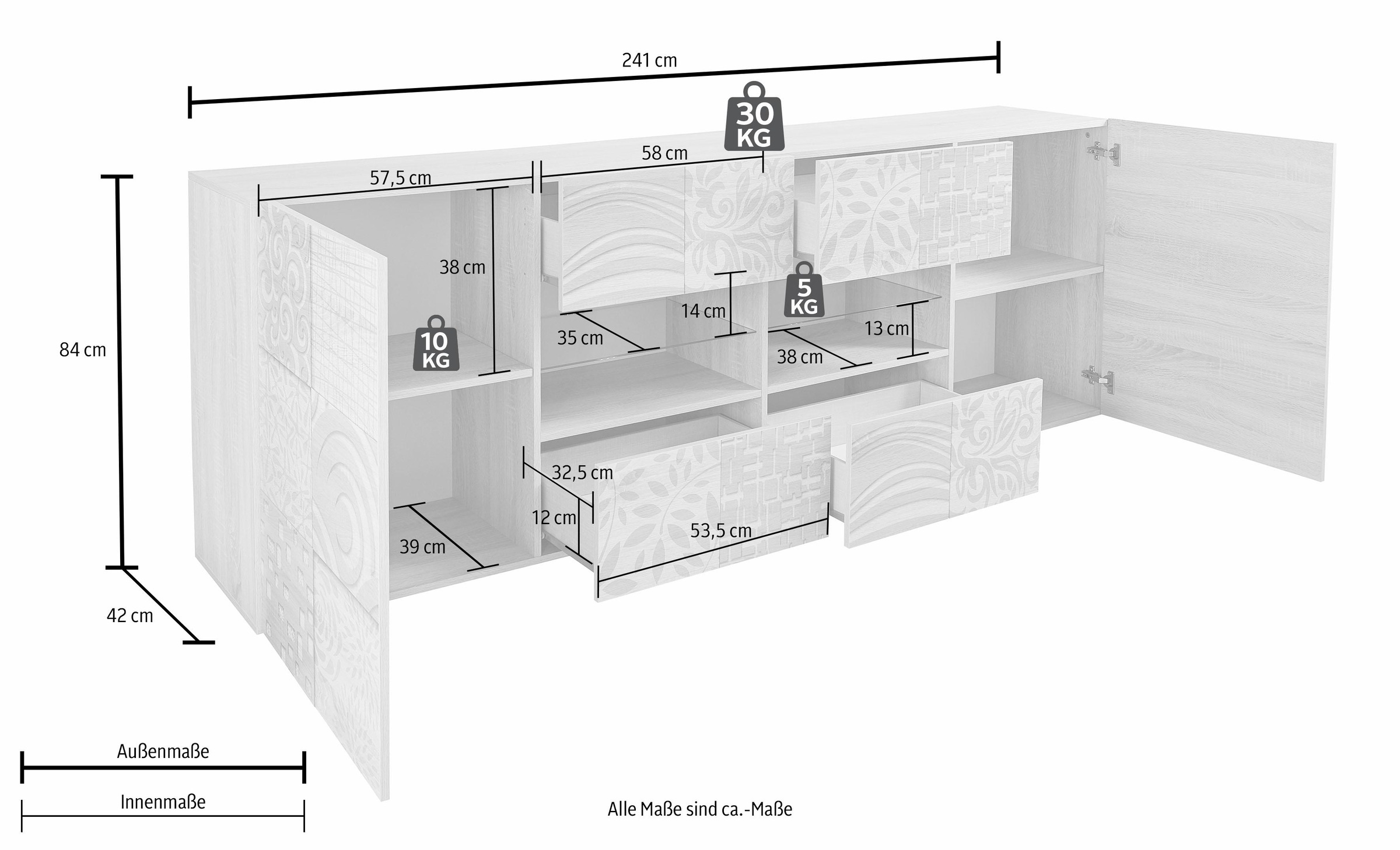 INOSIGN Sideboard »Miro«, Breite 241 cm mit dekorativem Siebdruck