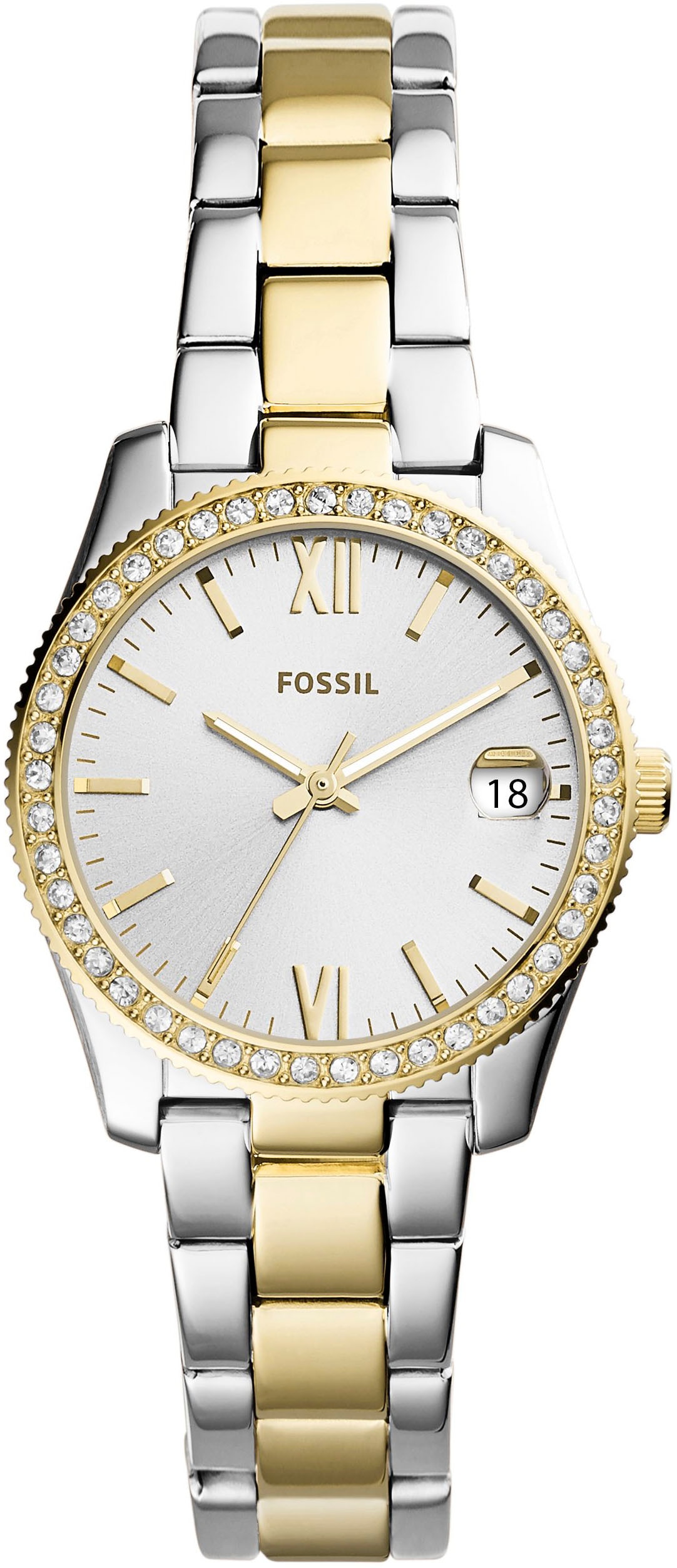 Fossil Quarzuhr »SCARLETTE MINI«, Armbanduhr, Damenuhr, Datum, analog, Edelstahlarmband