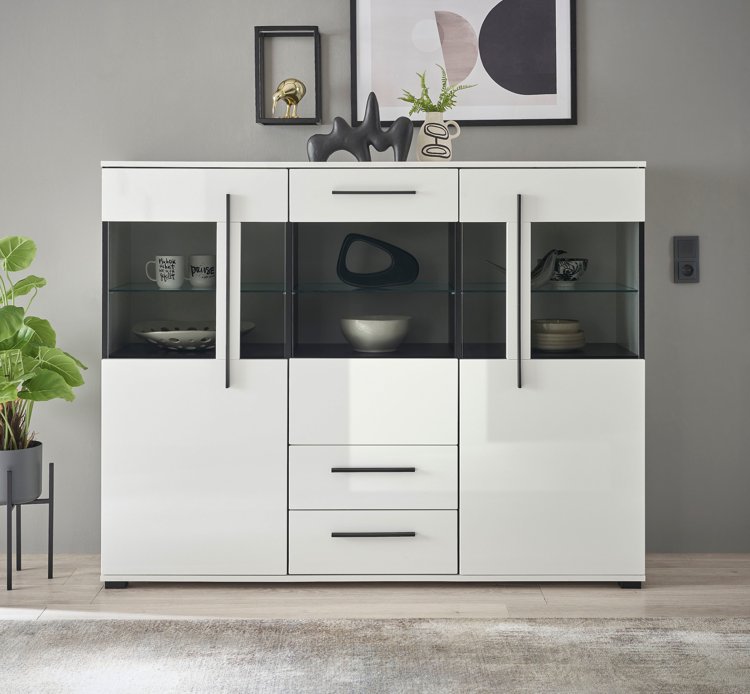 INOSIGN Highboard »Cantara, moderner Schrank, Vitrine in Eiche Dekor oder weiß«, schwarze Stangengriffe, ausreichend Stauraum, vielseitig einsetzbar
