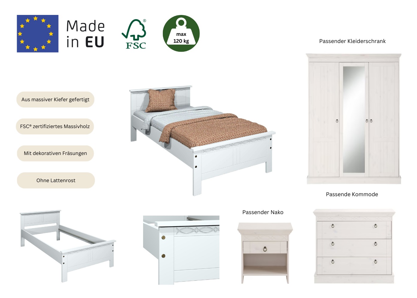 Home affaire Massivholzbett »Indra, TOPSELLER, Landhausstil, edles Design,zertifiziertes Massivholz«, (Breite/Belastbarkeit 180cm/220 KG, 140cm/180 KG, 90cm/120 KG), mit dekorativen Fräsungen, in 2 Breiten und Farben