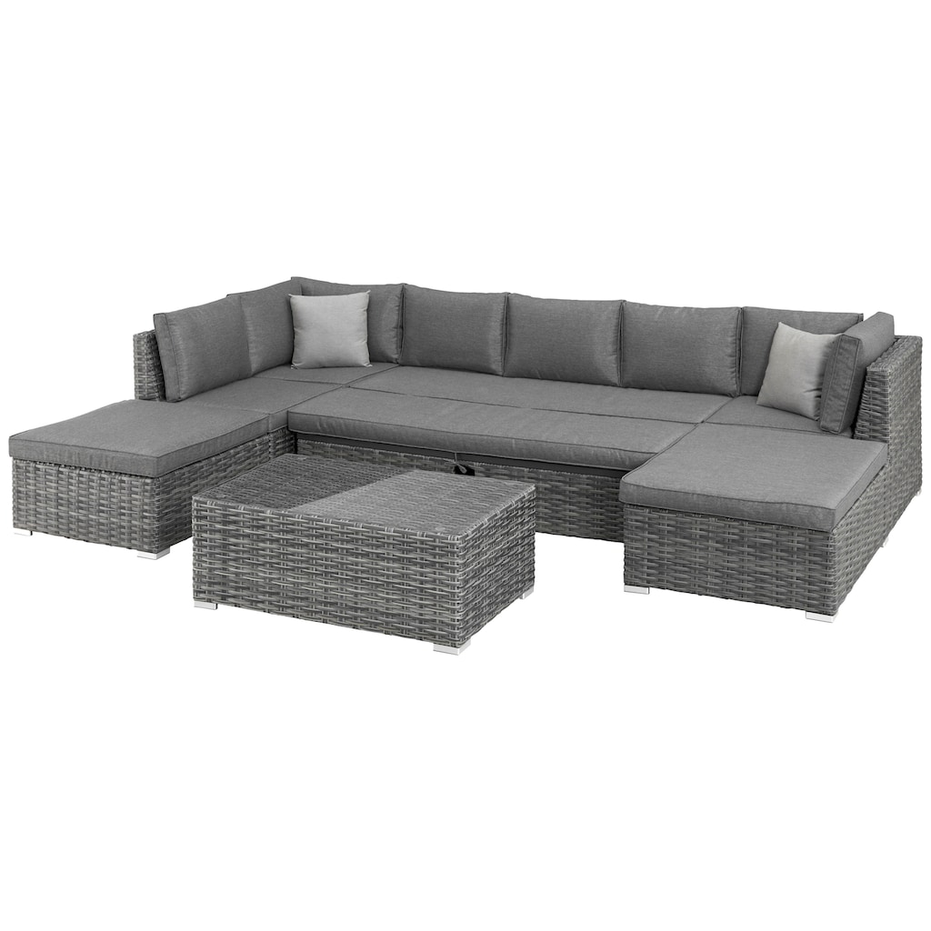 KONIFERA Gartenlounge-Set »New York«, (21 tlg., 1x 3er AZ-Sofa, 1x Ecke, 1x Sessel, 1x Ottomane mit Staufach, 1x Tisch)