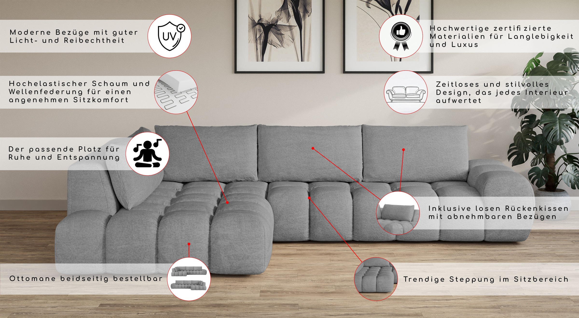 INOSIGN Ecksofa »AZITA Designsofa, elegant und bequem L-Form, Bubble-Optik«, lose Rückenkissen, traumhafte Steppung, Maße B/T/H: 352/210/72 cm