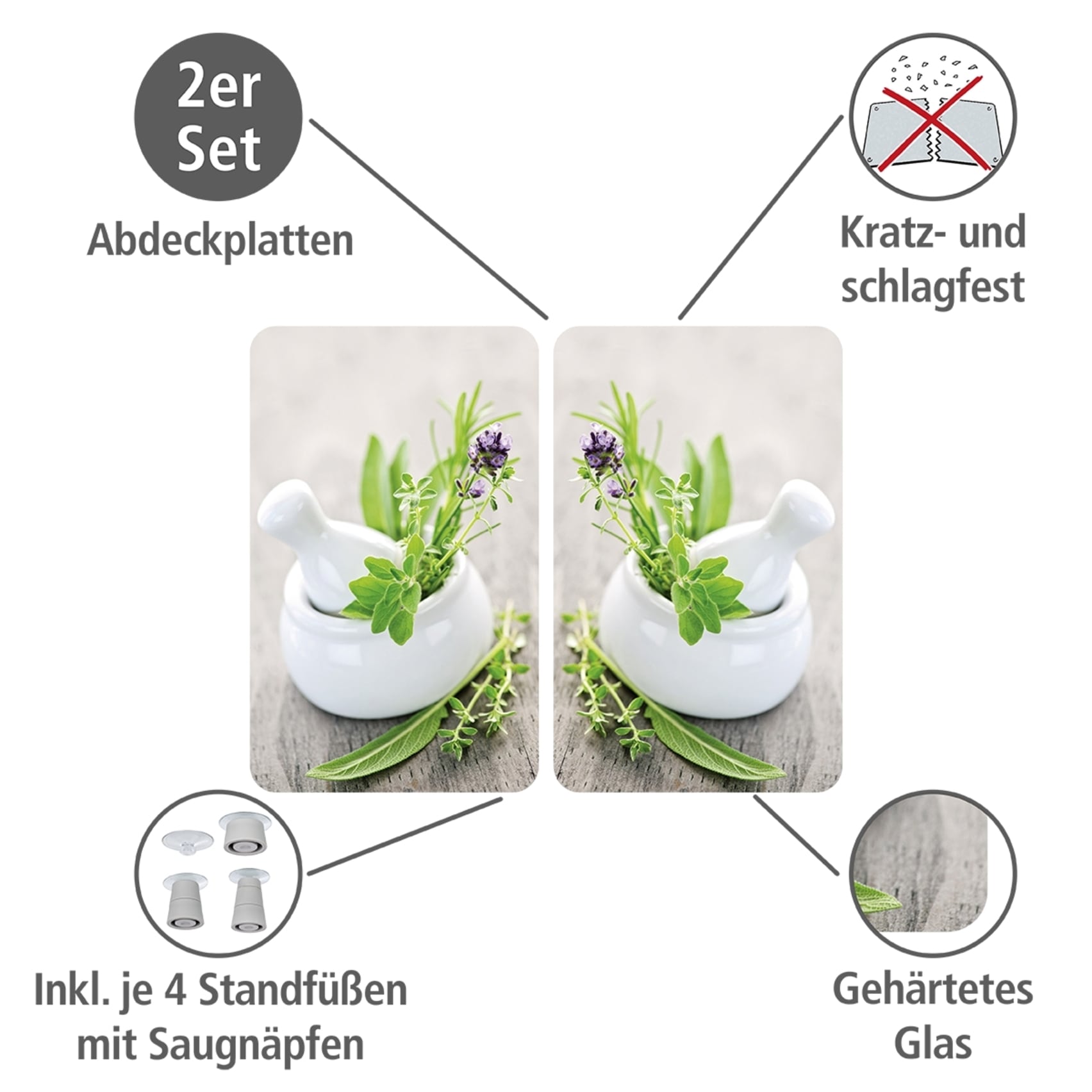 WENKO Herd-Abdeckplatte »Universal Modell Kräutergarten«, (Set, 2 tlg.), Herdabdeckung für alle Herdarten, kratzfest, mit rutschfesten Füßen