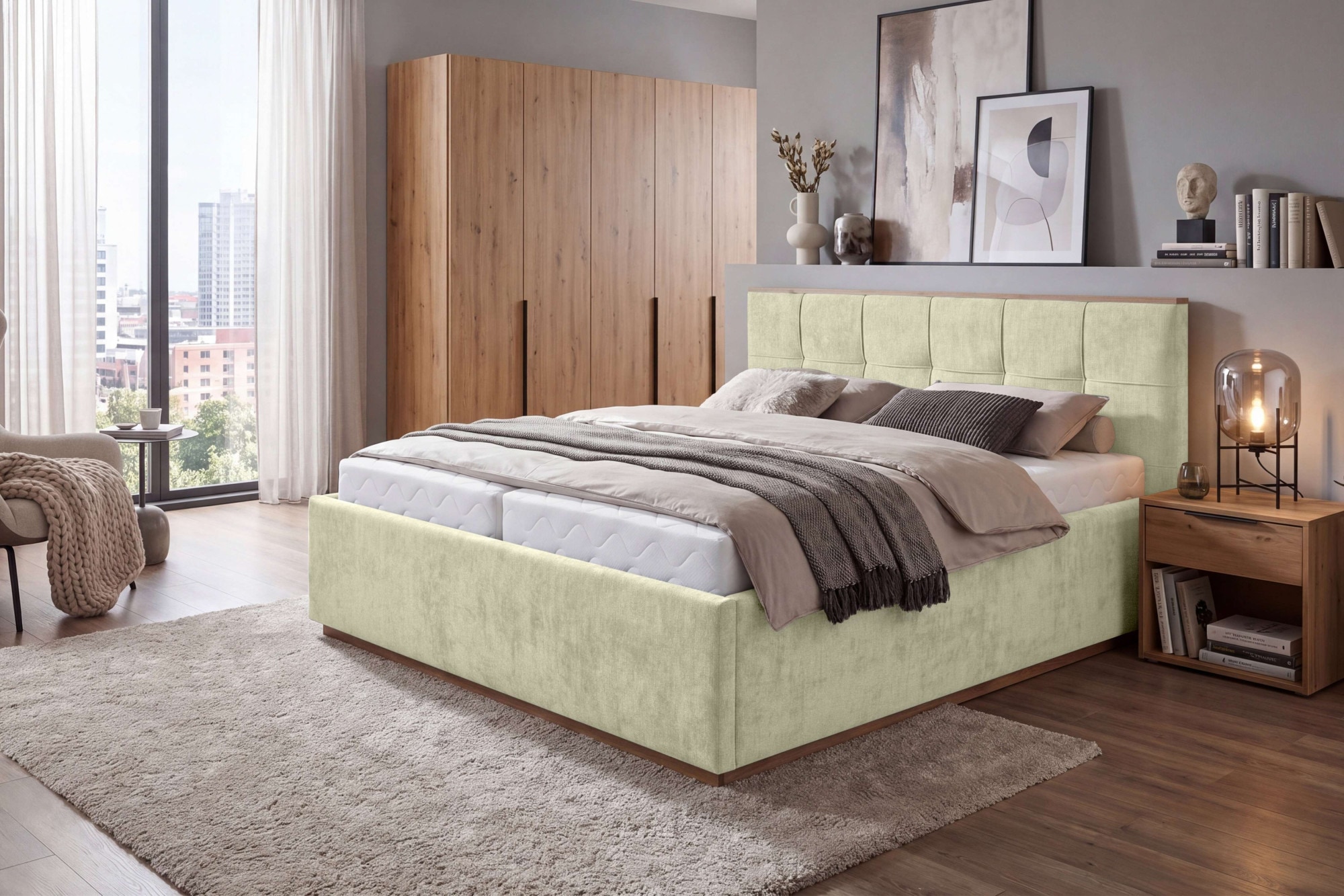 OTTO home Polsterbett »Vyllo, Doppelbett, Federkernbett, Komforbett, 160, 180 cm, Bettkästen« Mit 5-Zonen-TFK-Matratze H3, Lattenrost, Eicheapplikationen