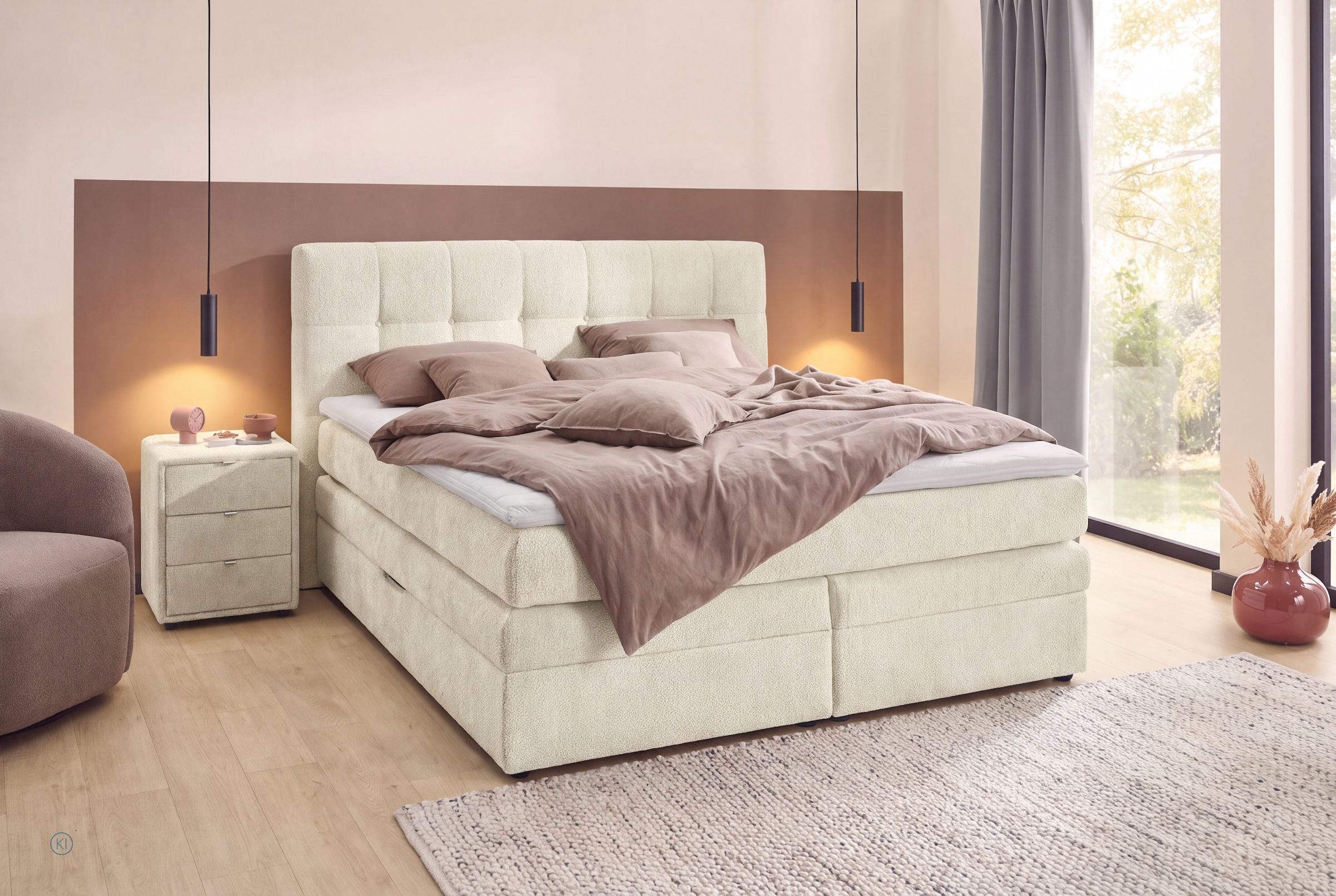 Jockenhöfer Gruppe Boxspringbett »AMY mit Bettkasten, inkl. Taschenfederkernmatratze Härtegrad H3-H4« mit 6 cm Kaltschaum-Topper, Chenille-Bezug, 180x200 und 200x200 cm