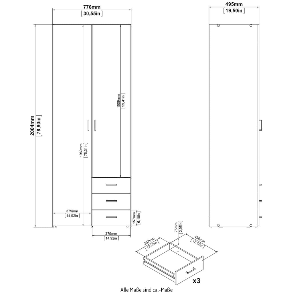 Home affaire Kleiderschrank, Mit viel Stauraum, graue Stangengriffe, Gr. ca. 200,4 x 77,6 x 49,5 cm