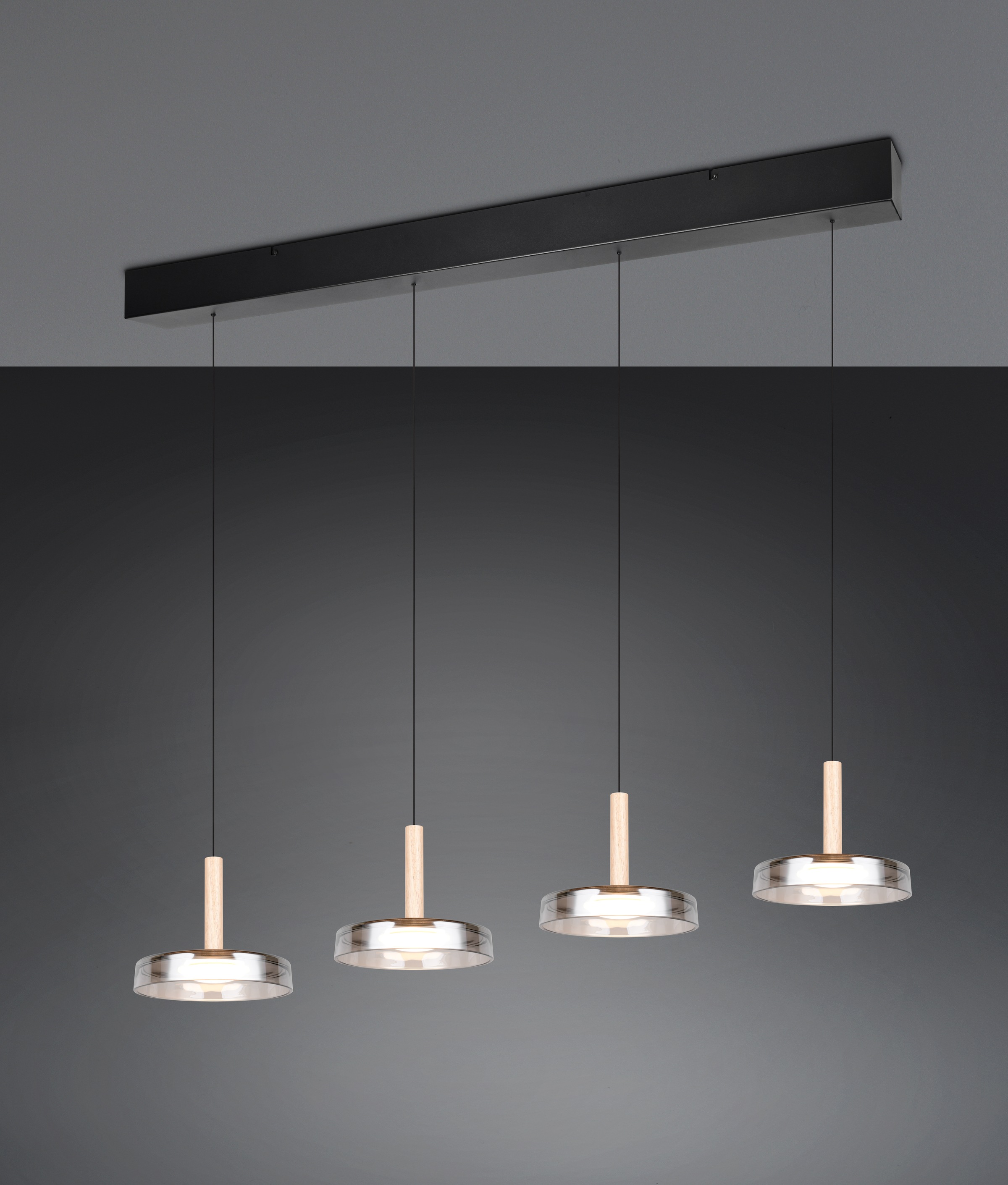 TRIO Leuchten LED Pendelleuchte »CELESTE dimmbare LED Hängelampe aus Metall Glas & Holz, 7,5W 750 Lumen« LED-Board 1 Stk. Warmweiß 4-flammig einfach höhenverstellbar von 50-200 cm 3-Stufen Dimmfunktion