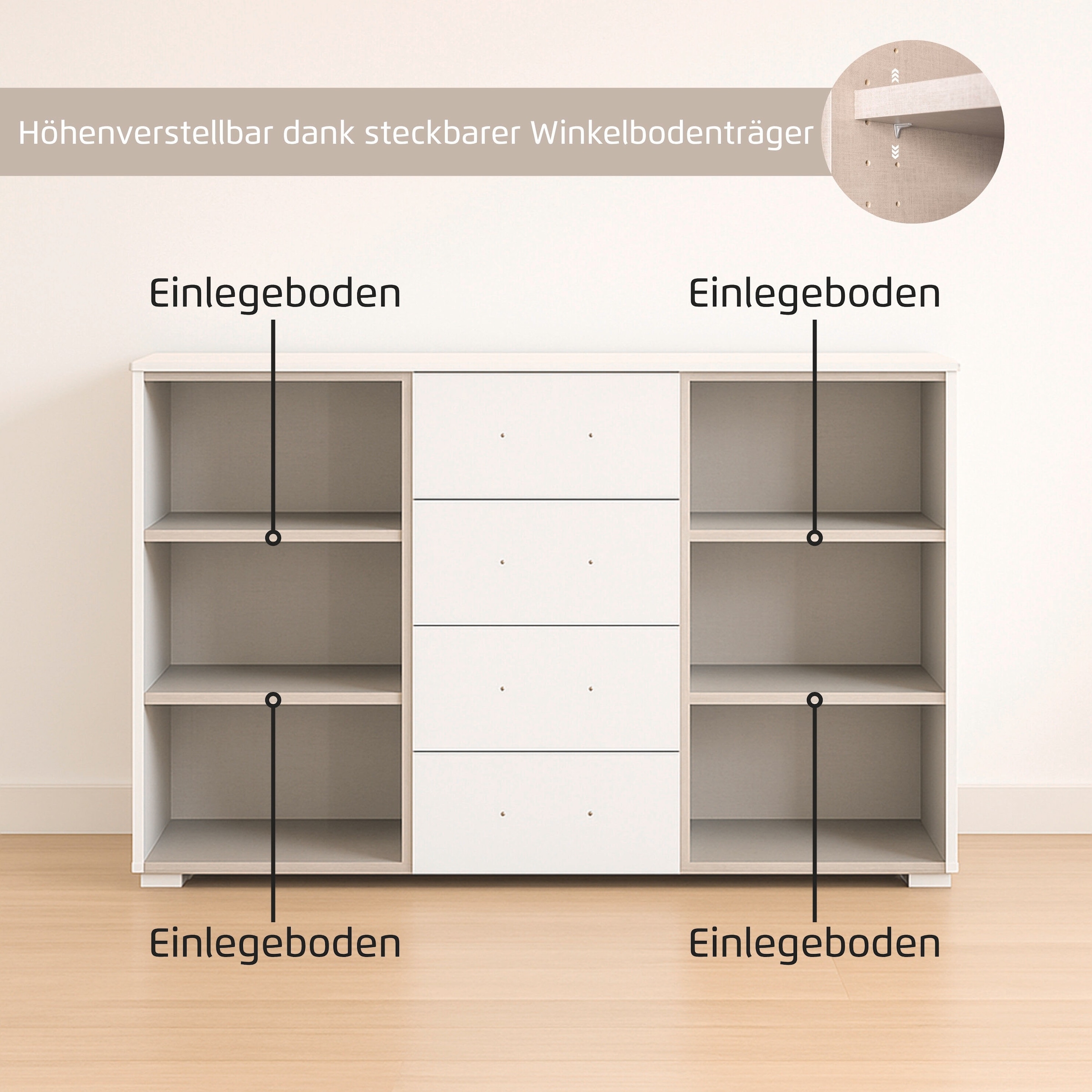 rauch Kombikommode »Sideboard Schubladenkommode OTELI mit Dekor- und Hochglanzfront« Breite 120 cm inkl. Soft-Close-Funktion,  vier große Schubladen und 2 Türen, mit 4 Einlegeböden MADE IN GERMANY