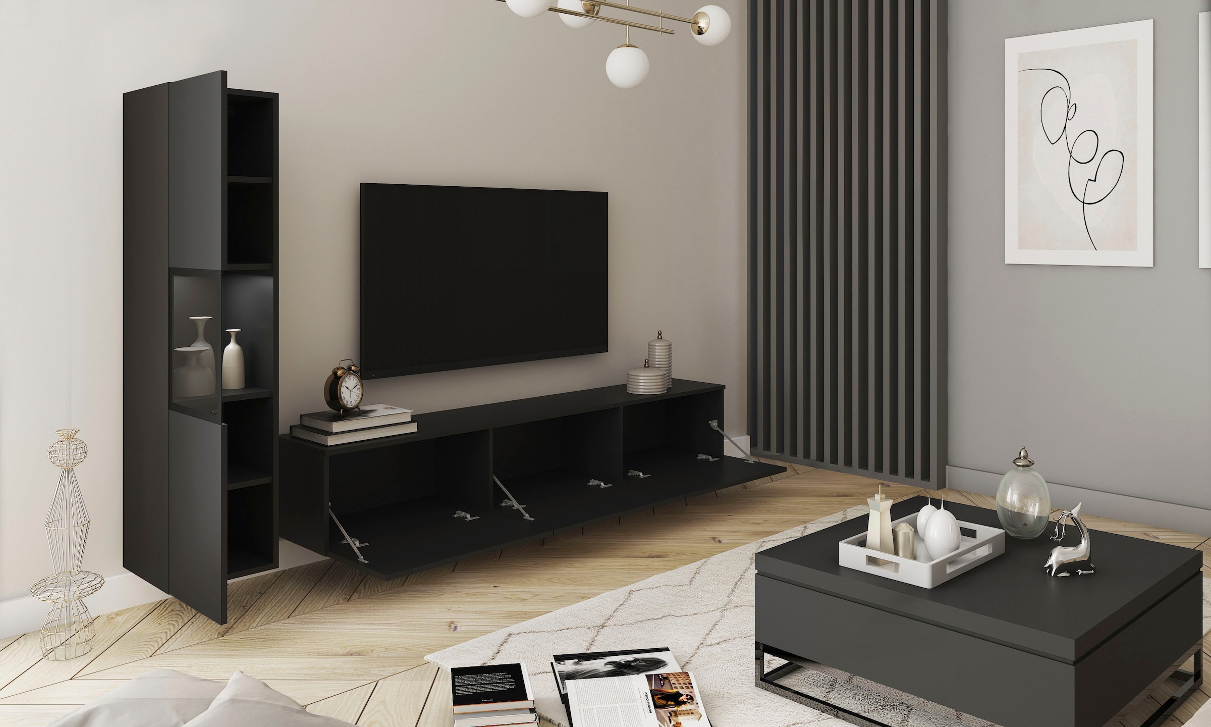 INOSIGN Wohnwand »BERLIN I, Vitrine Türschlag links/rechts wechselbar«, (Komplett-Set, 2 St.), moderne grifflose Mediawand Breite 220 cm, Vitrine mit Verglasung