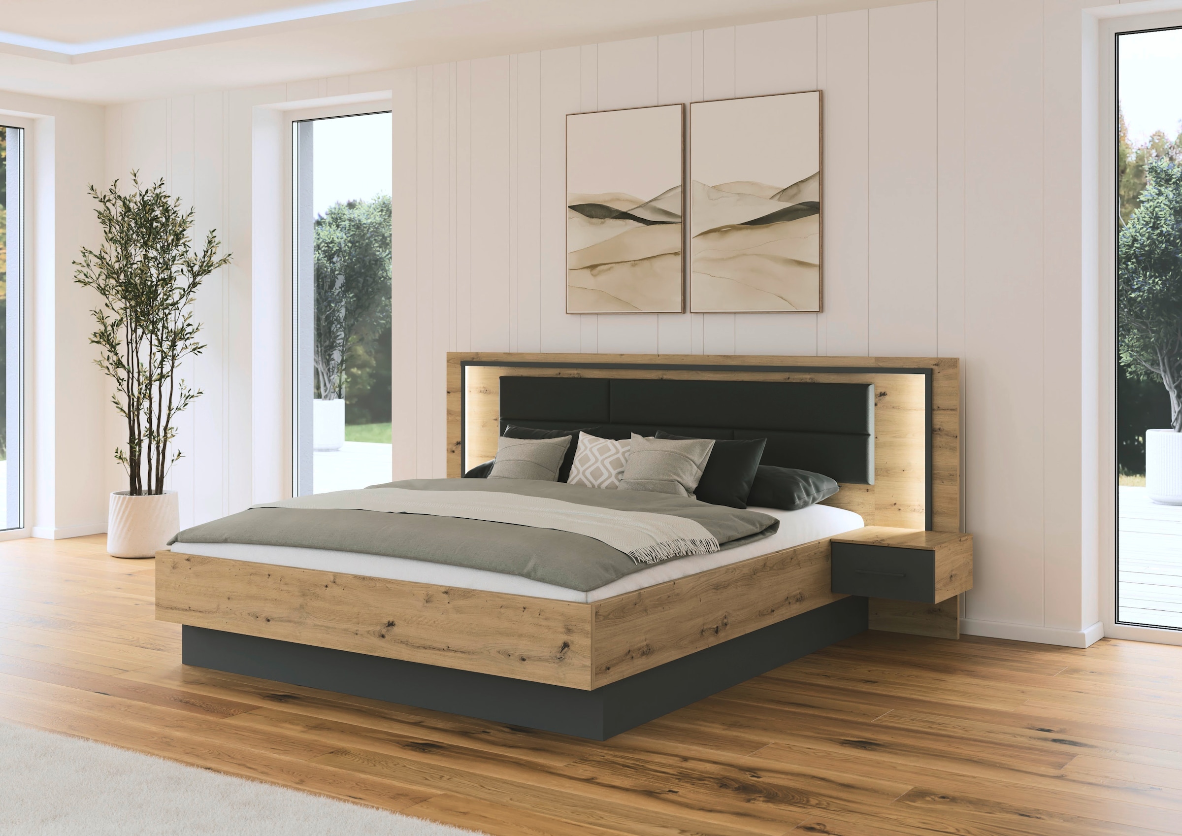 rauch Bettanlage »Bett Doppelbett Komortbett BILBAO-EXTRA« Set, Liegefläche 160x200 oder 180x200 cm, 3 tlg. tlg. Polster-Kopfteil in Lederoptik basalt, mit Beleuchtung MADE IN GERMANY