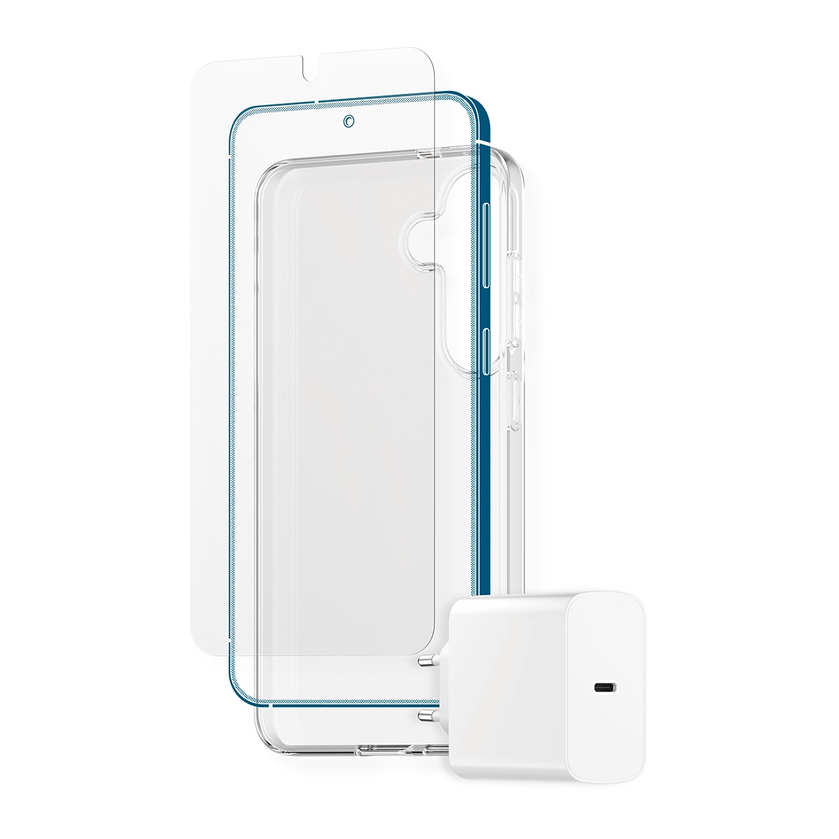 CARE by PanzerGlass USB-Ladegerät »StartKit - alles drin - Screen Protector, Case & Charger« Set, 20W Ladegerät, Displayschutzglas, TPU-Schutzhülle, 3 Stk. tlg. 3-in-1 Bundle für Samsung Galaxy S25