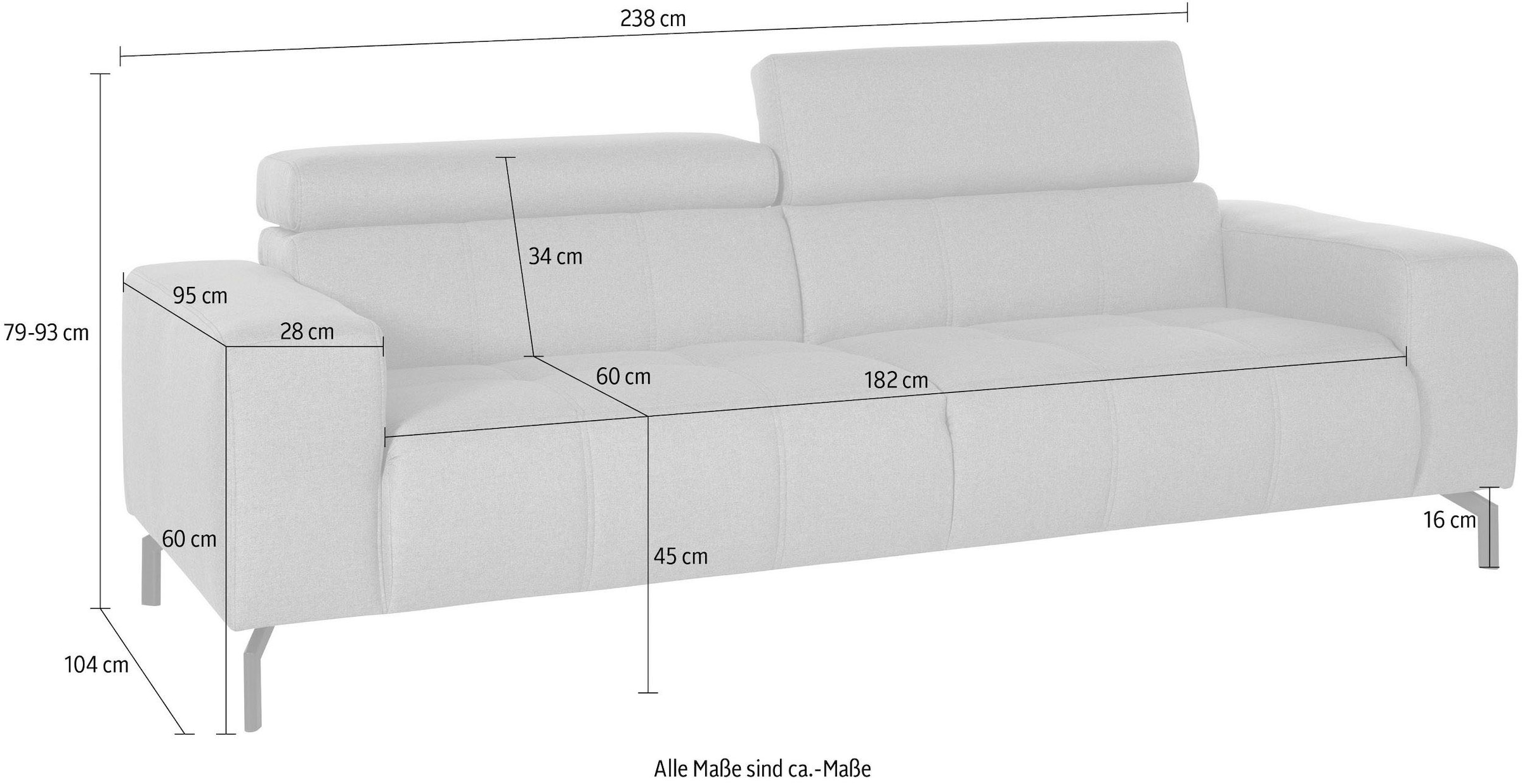 DOMO collection 2,5-Sitzer »Cunelli zeitlos und elegant, moderne Sitznähte als Designelement,«, wahlweise mit 6-fach verstellbaren Kopfteilen, fester Sitzkomfort