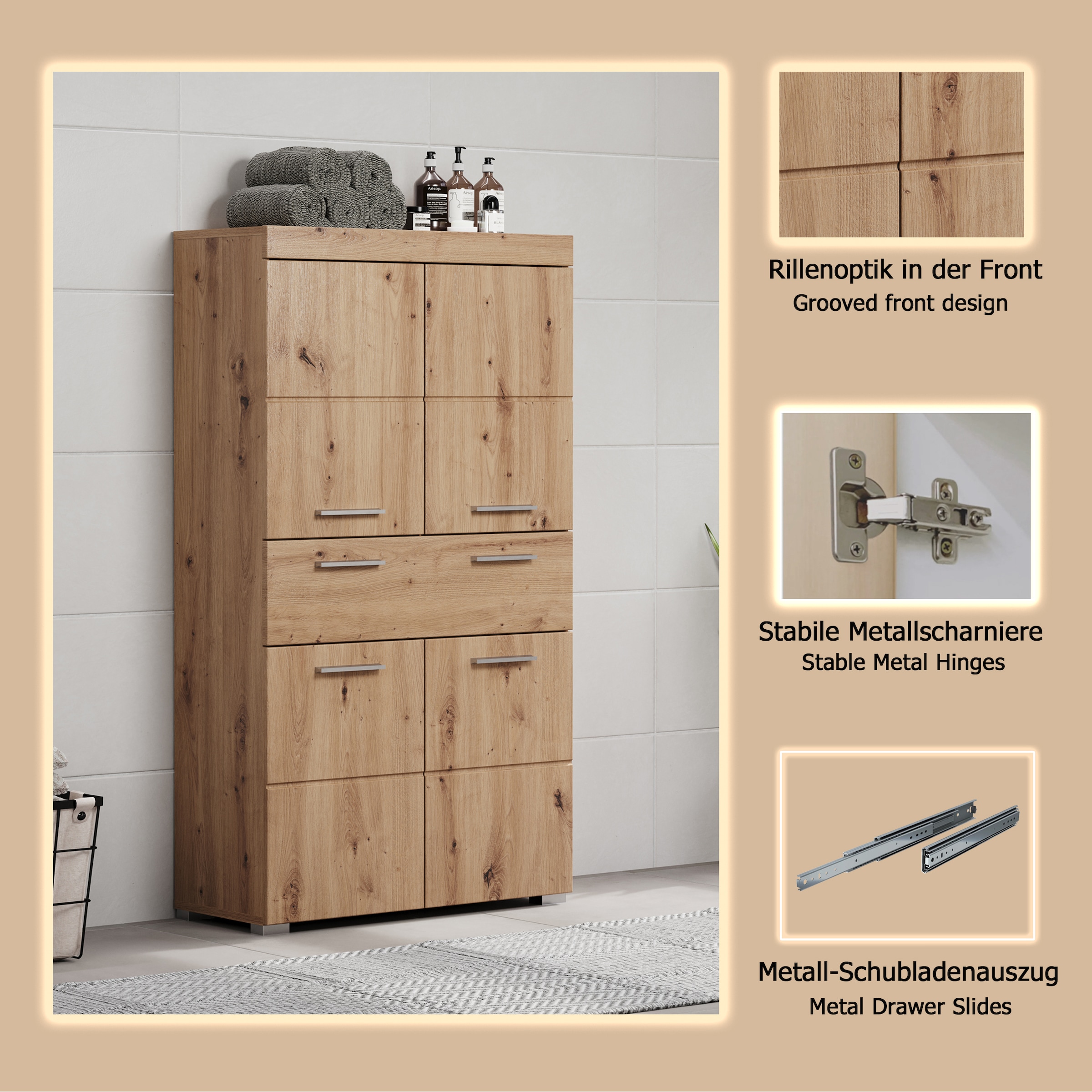 welltime Midischrank »Avena«, Standschrank mit 4 Türen, 1 Schublade - (B/T/H) 73/31/130 cm
