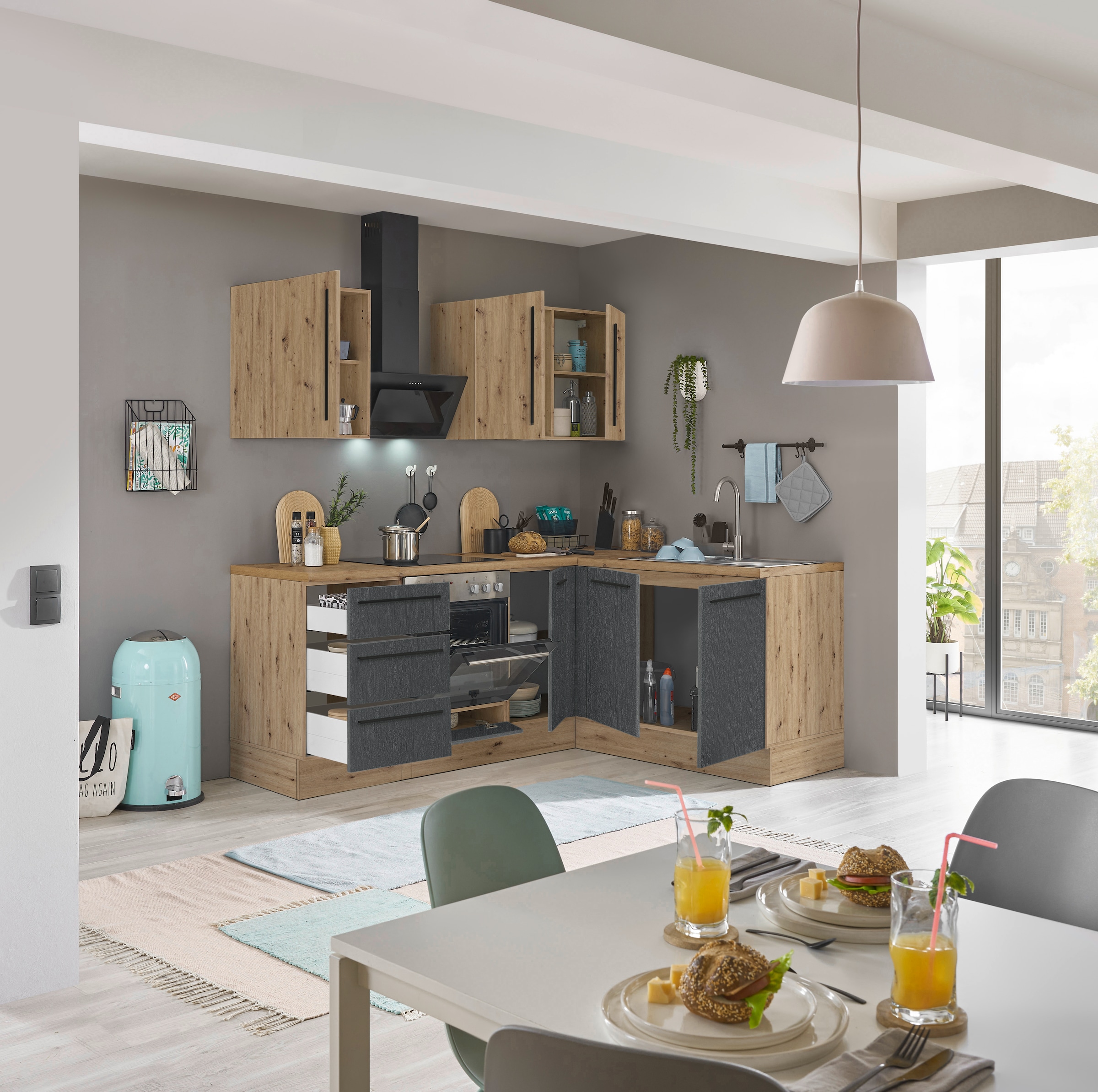 KOCHSTATION Winkelküche »Florida, Stellbreite 210x165 cm« wahlweise mit E-Geräten, mit Softclose für Türen und Schubkästen