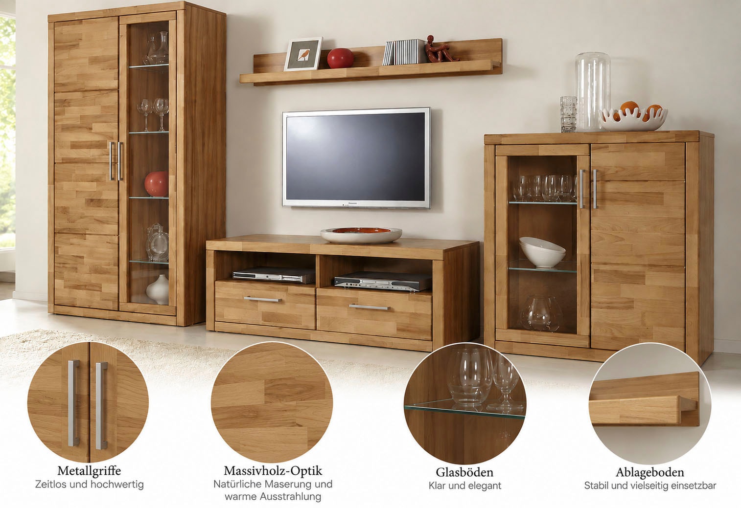 OTTO home Wohnwand »Logo,Fronten Massivholz,Korpus Holzwekstoff,viel Stauraum« Set, 4 Stk. tlg.