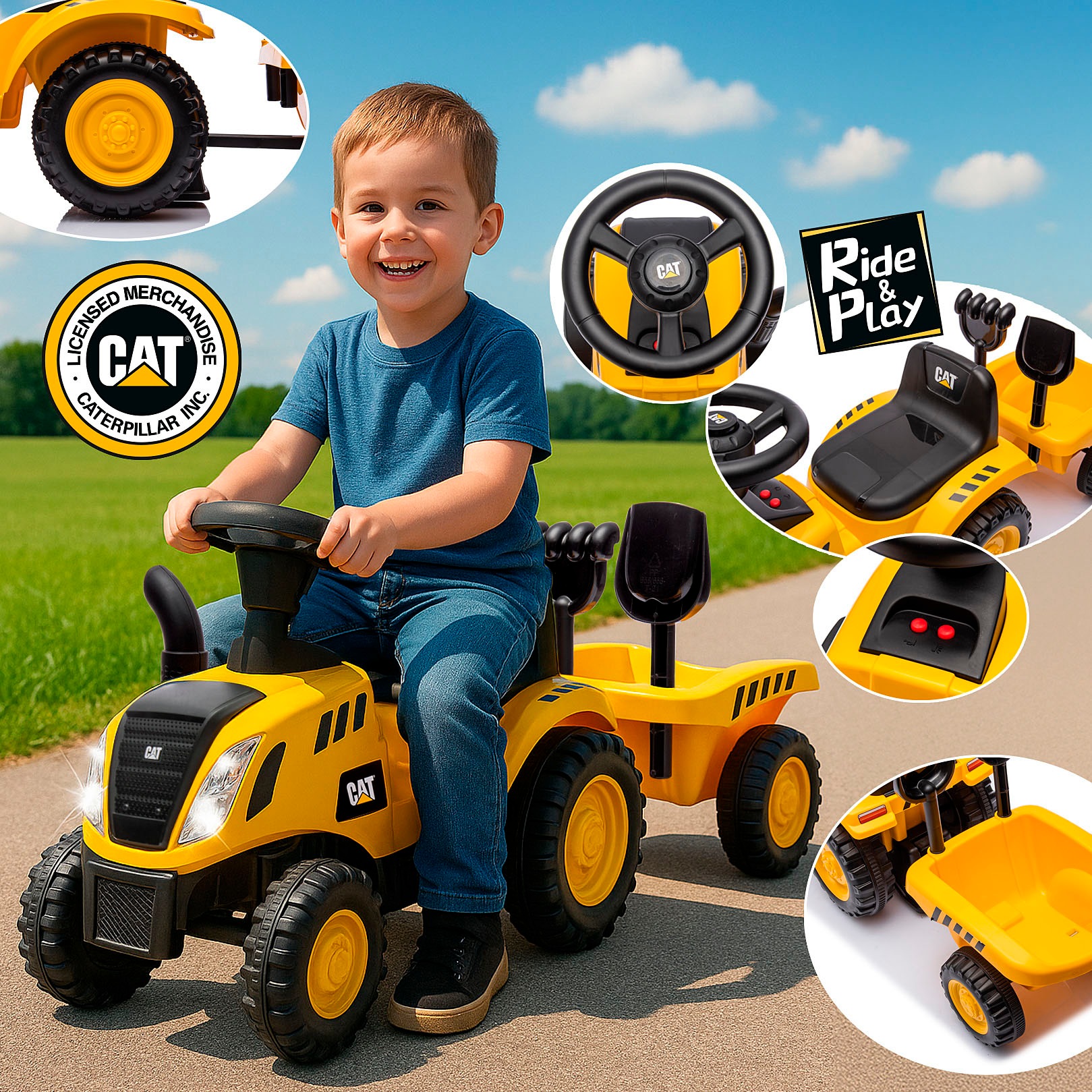 Jamara Rutscher »Caterpillar Traktor mit Anhänger 2in1, gelb« mit Licht- und Soundeffekten sowie Hupe