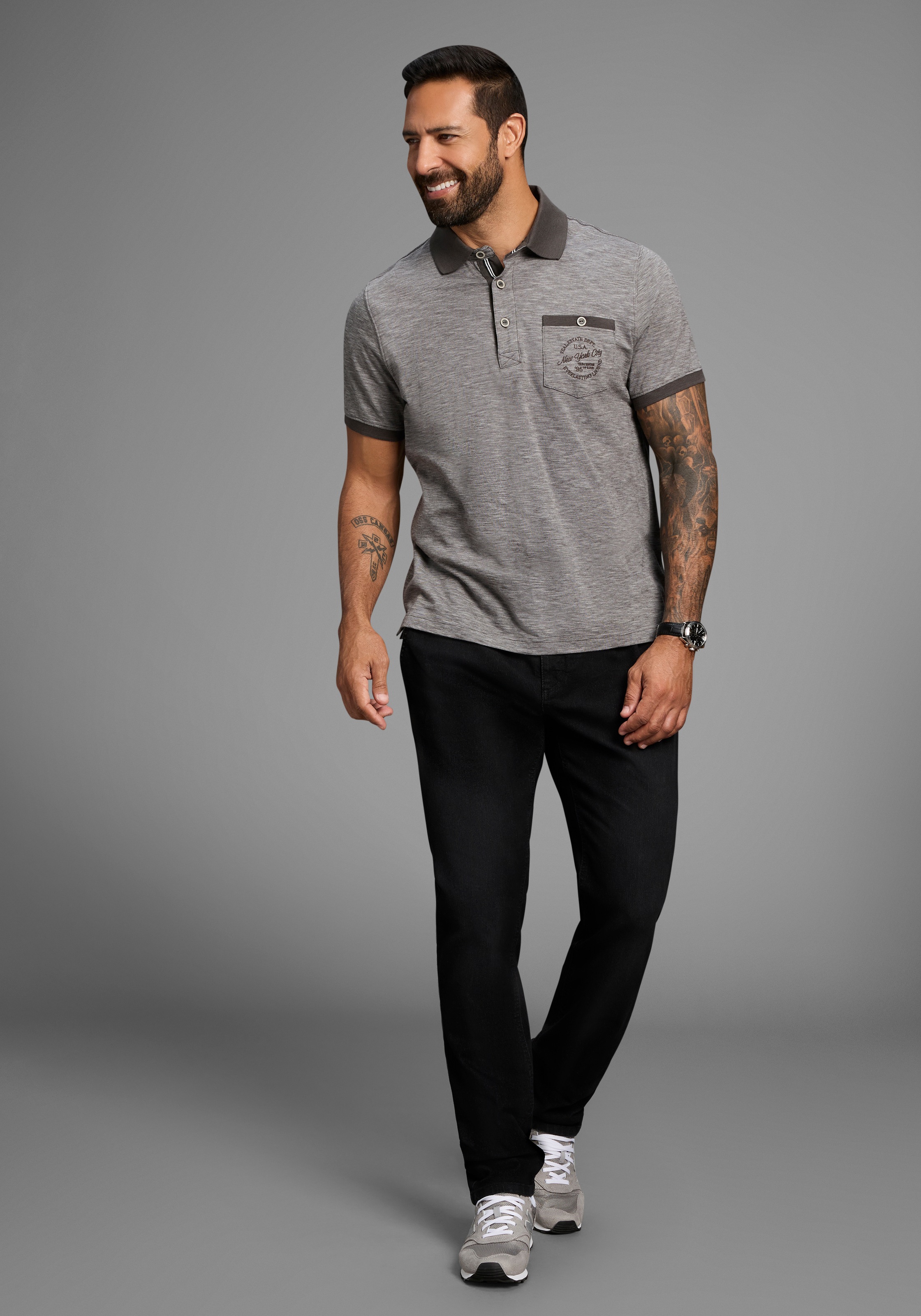 Man's World Poloshirt, Kurzarm, Regular Fit, melierte Struktur, Rundhalsausschnitt