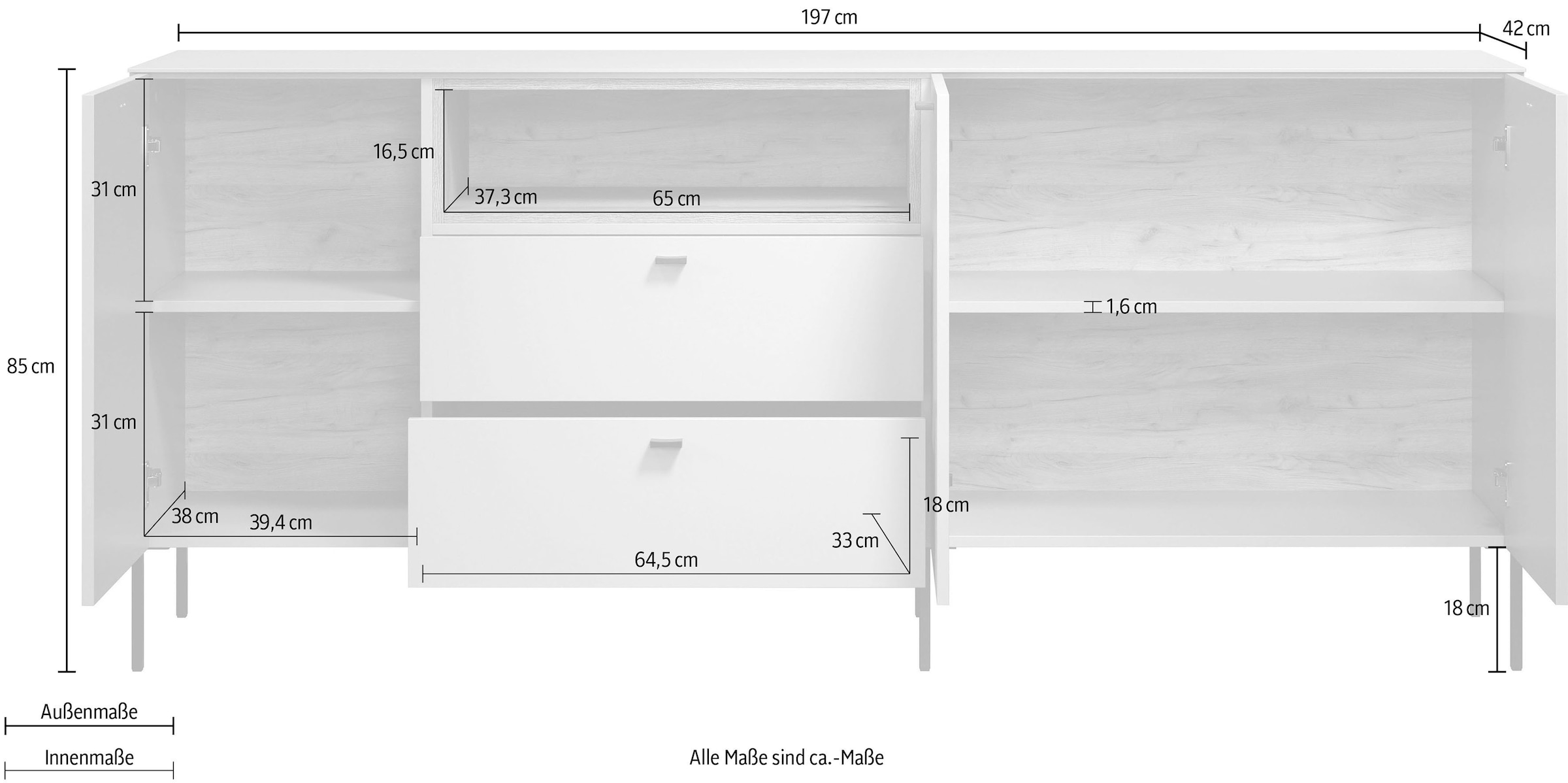 Home affaire Sideboard »San Pedro« 1 Stk. tlg. Anrichte mit Griffen und Füßen aus Metall - (B/T/H) 197/42/85 cm