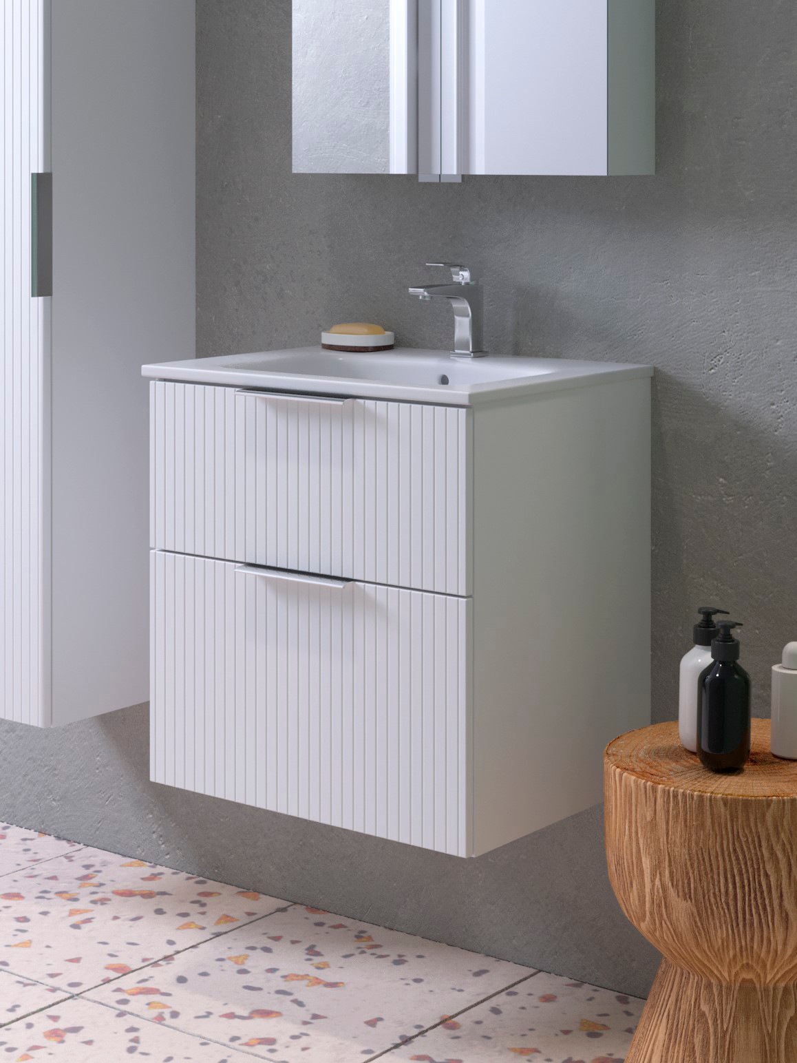 welltime Waschtisch »G-Line«, mit Keramik Waschbecken, Schubladen mit Softclose, trendig geriffelt