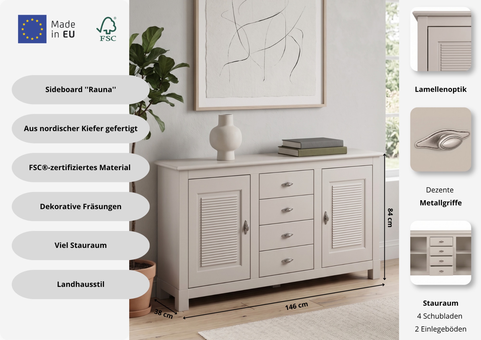 OTTO home Sideboard »Rauna« B/T/H: 150/37/84 cm,  Kommode, FSC®-zertifiziertes Massivholz, Breite 150 cm