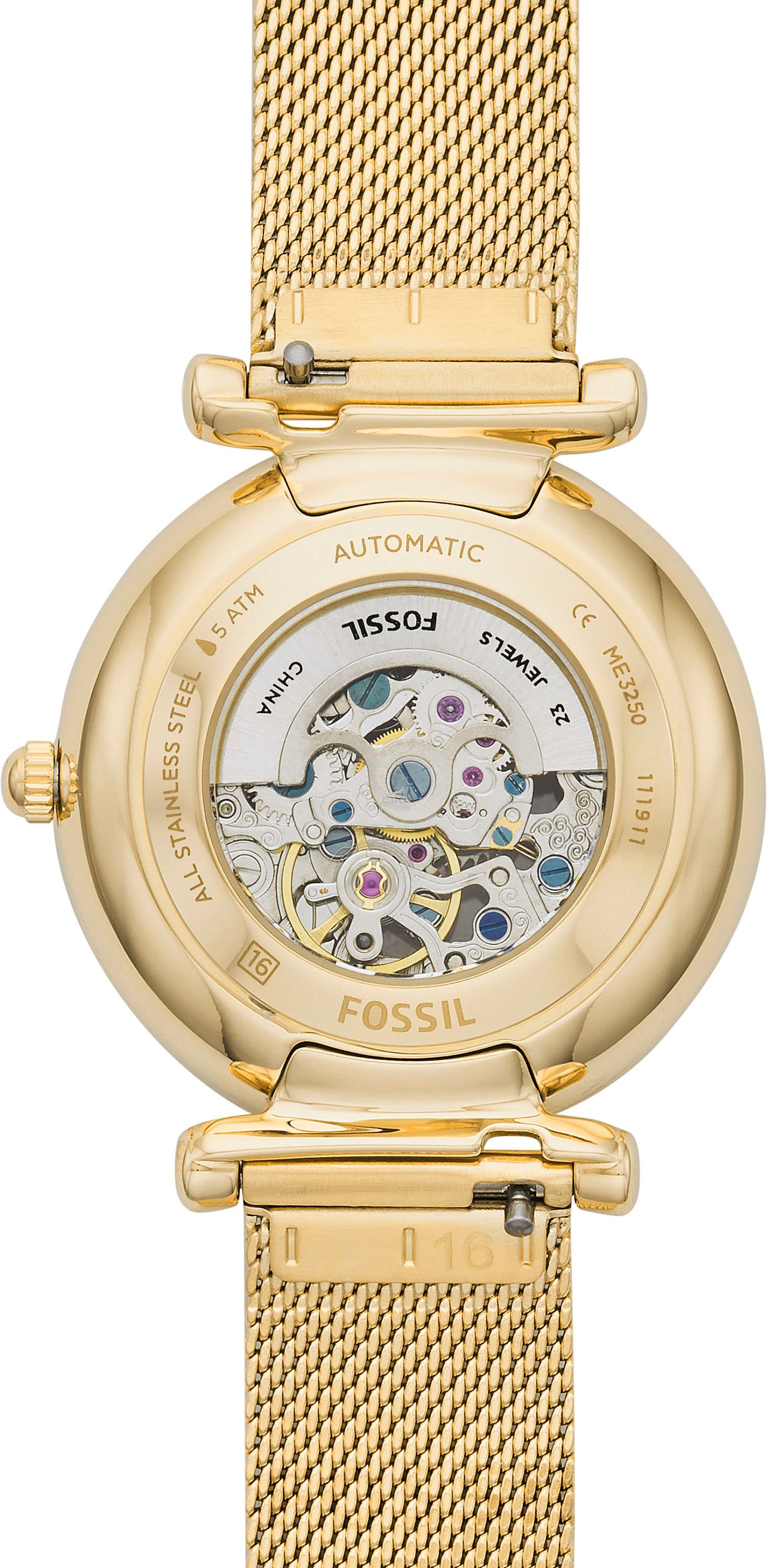 Fossil Automatikuhr »CARLIE, ME3250«, Armbanduhr, Damenuhr, mechanische Uhr, Edelstahlarmband