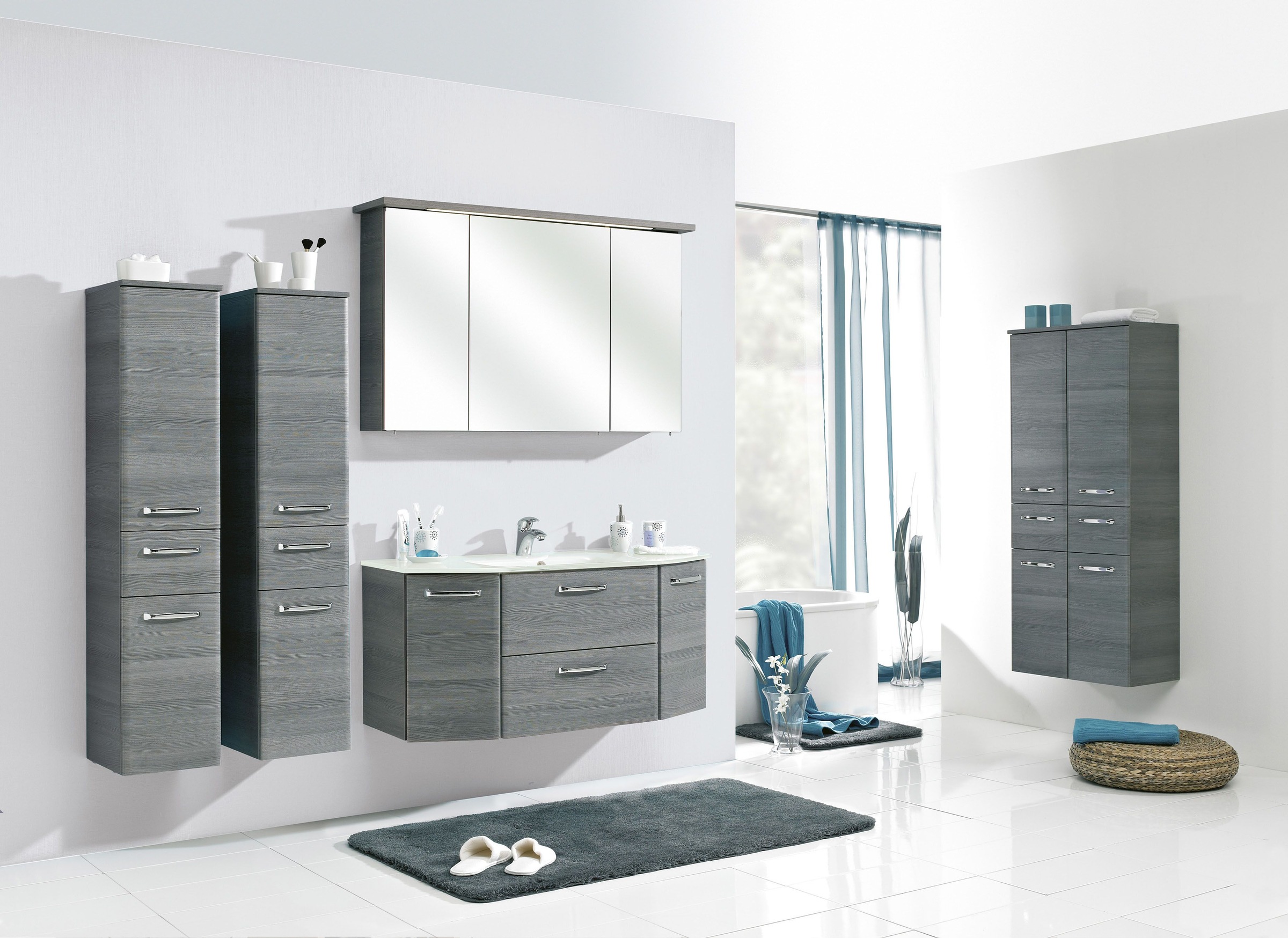Saphir Badmöbel-Set »Quickset 2-teilig, Glaswaschtisch mit LED-Spiegelschrank, 115 cm breit«, (2 St.), Badezimmer Set inkl. Türdämpfer, 5 Türen, 1 Klappe, 1 Schublade
