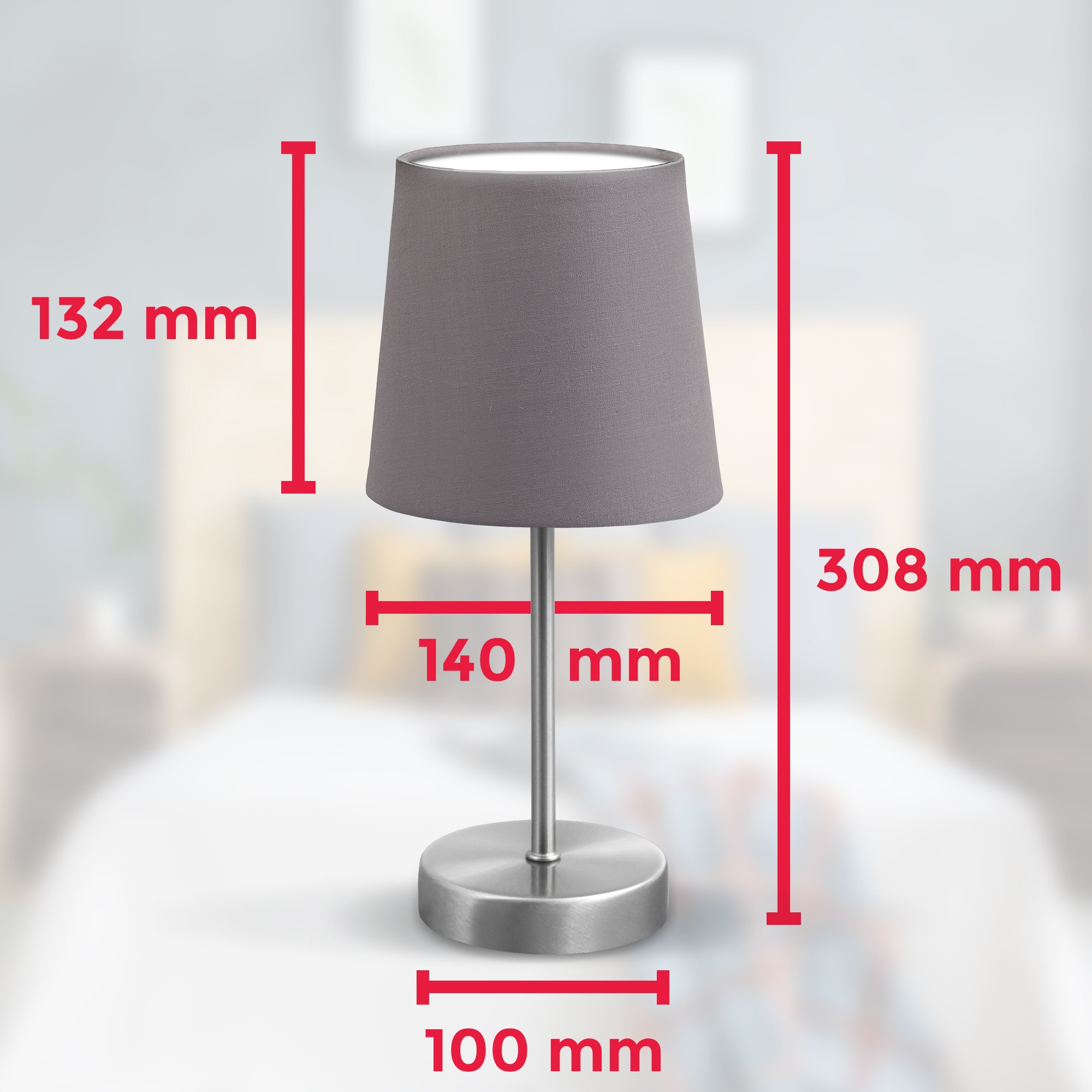 B.K.Licht Tischleuchte, 1 flammig-flammig, 3 Tischlampe, Nachttisch- Leuchte, Garantie XXL Jahren E14, | Wohnzimmerlampe, kaufen mit Stoff, online grau