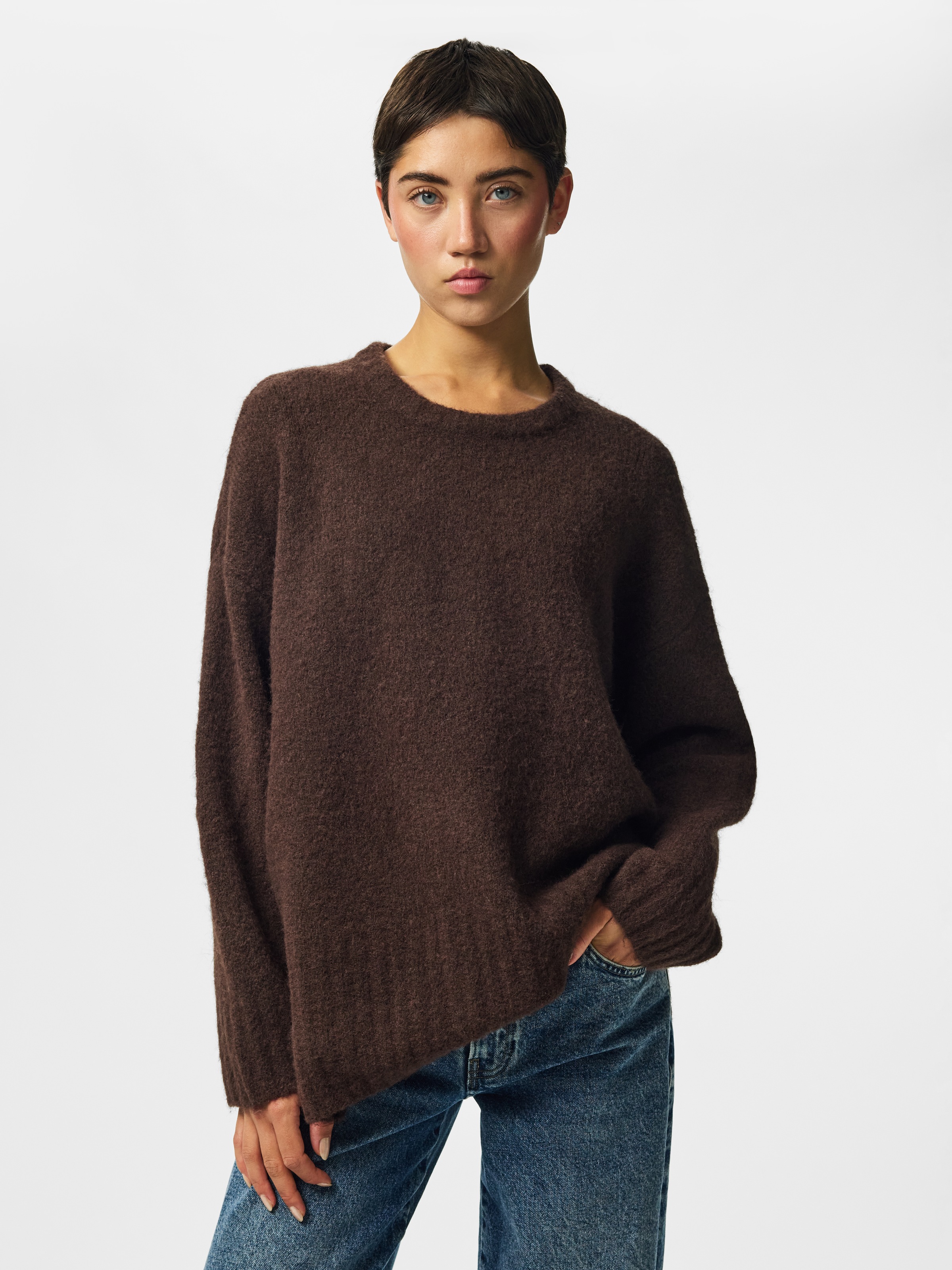 pieces Strickpullover »PCTINA LS O-NECK KNIT NOOS« Materialmix