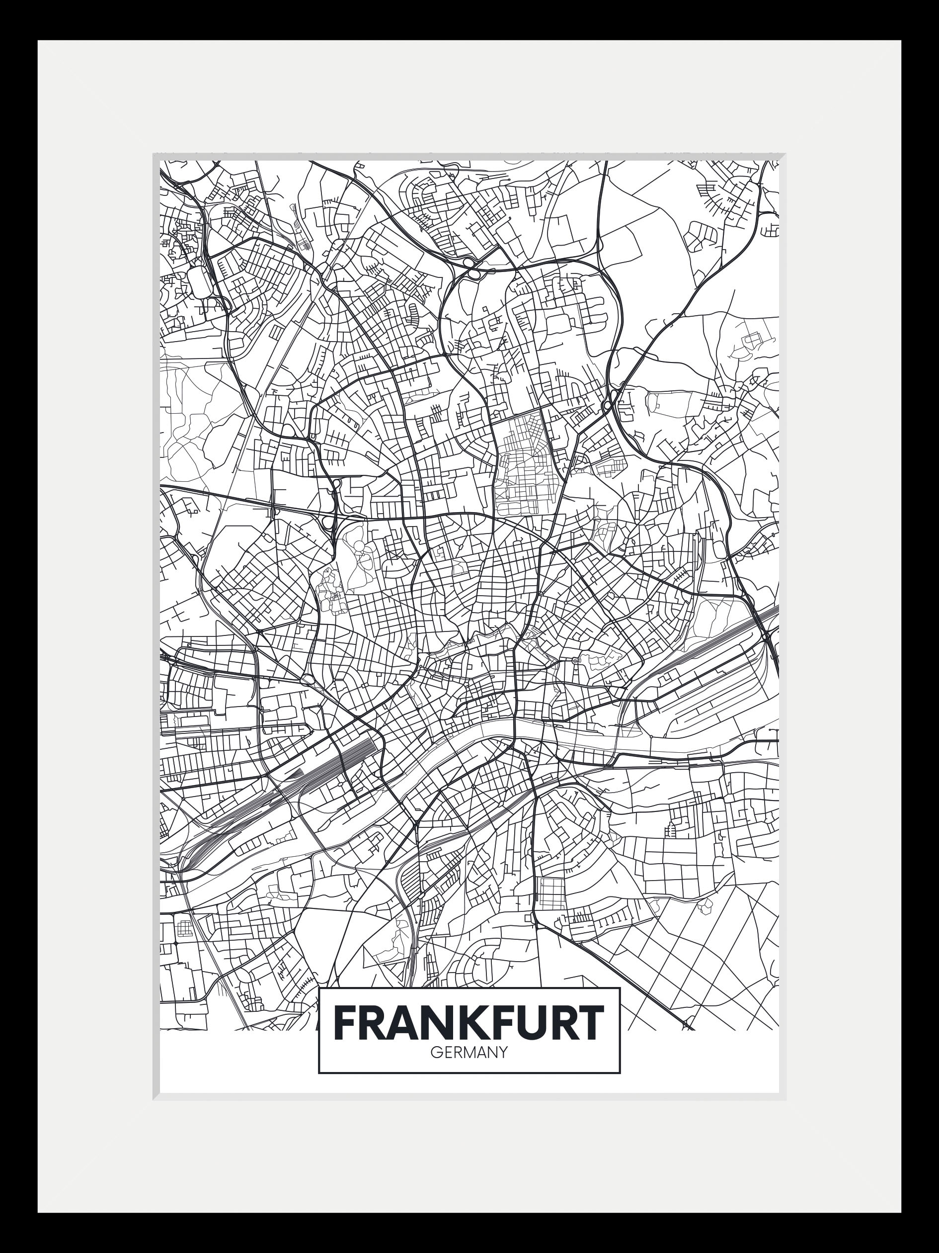 queence Bild »Frankfurt Stadtkarte«, Städte-Schriftzug-Deutschland-Stadt-Frankfurt am Main-Schwarz-Weiß, (1 St.), HD Premium Poster-Druck inkl. Holzrahmen