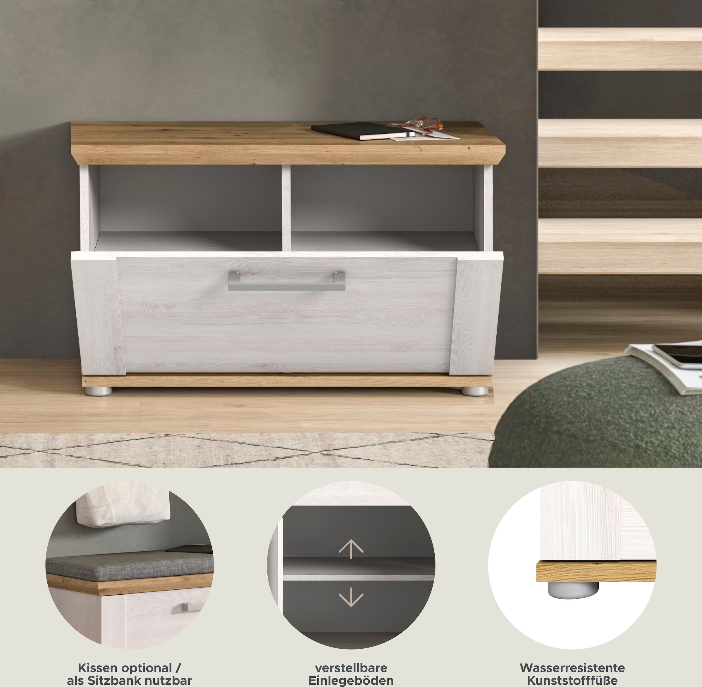 Home affaire Sitzbank »COSENZA, TOPSELLER!, Breite 80 cm, 1 Klappe, 2 Einlegeböden, 2-farbig«, in Landhausoptik, Bank, Schuhbank, Garderobenbank, Dielenbank