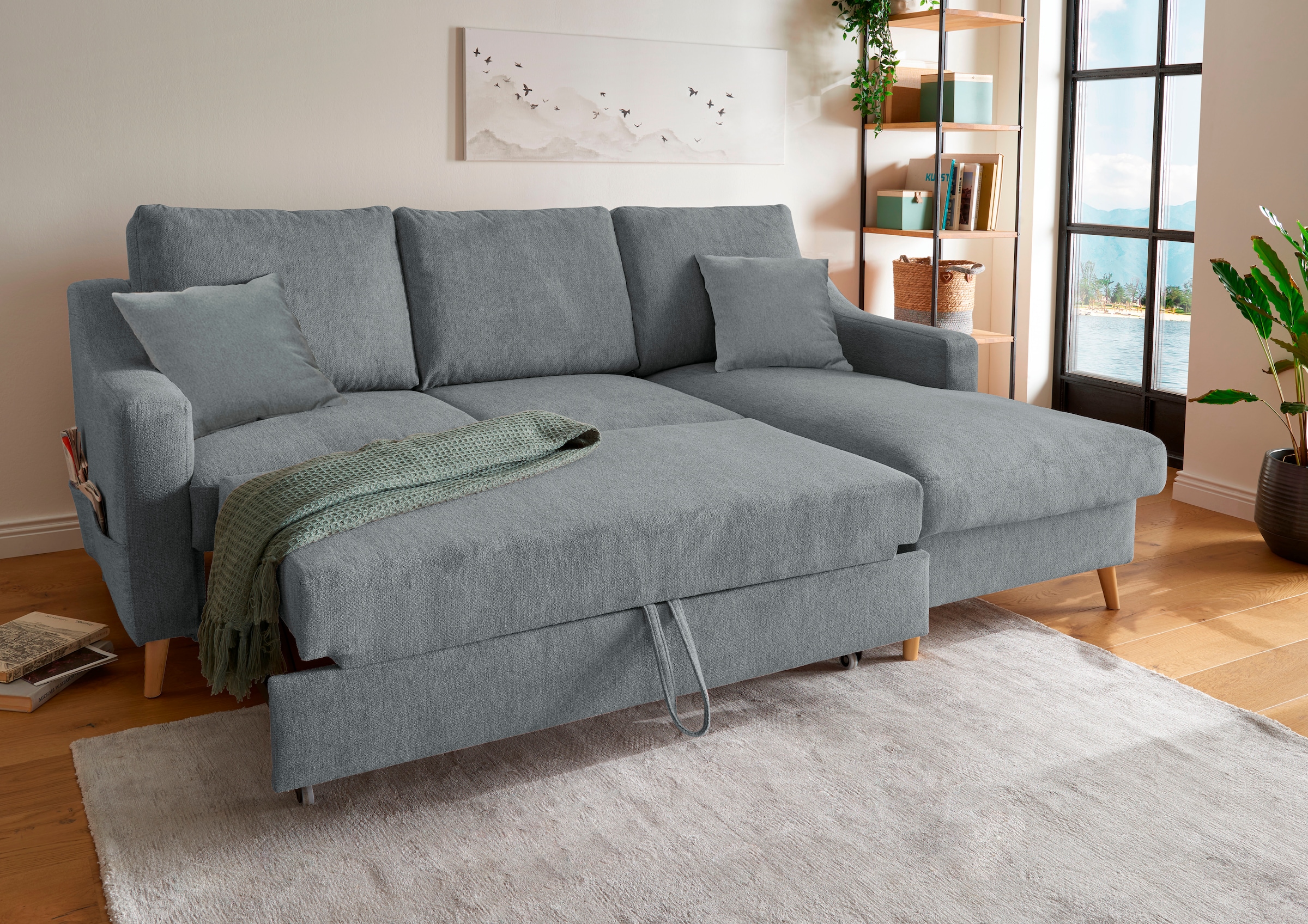 Home affaire Ecksofa »Valentina L-Form« 2 Zierkissen, mit Seitentasche, ausziehbarer Liegefläche, Bettkasten