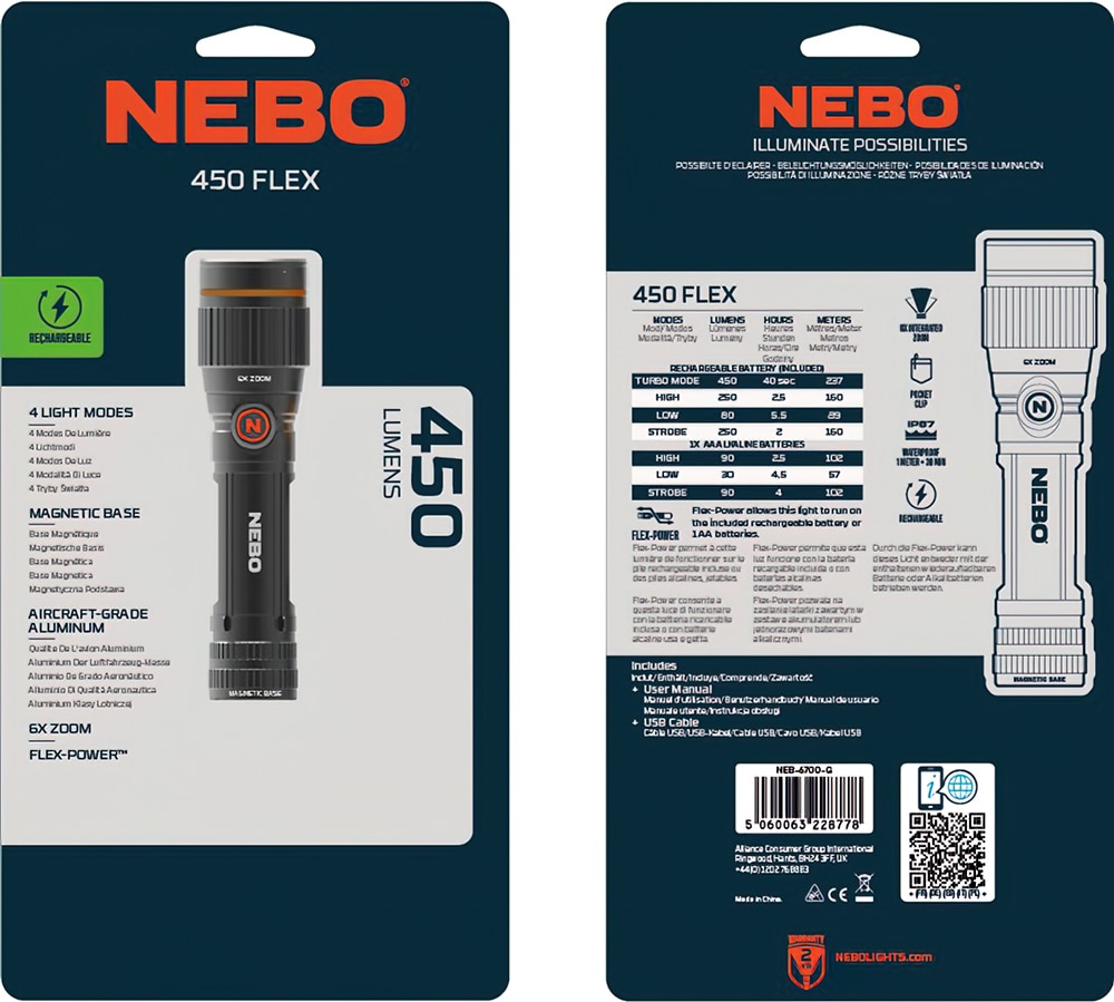 NEBO LED Taschenlampe »Nebo 450 FLEX« Taschenlampe inkl. Ladekabel,  Flexibel mit Akku- oder Batteriebetrieb nutzbar