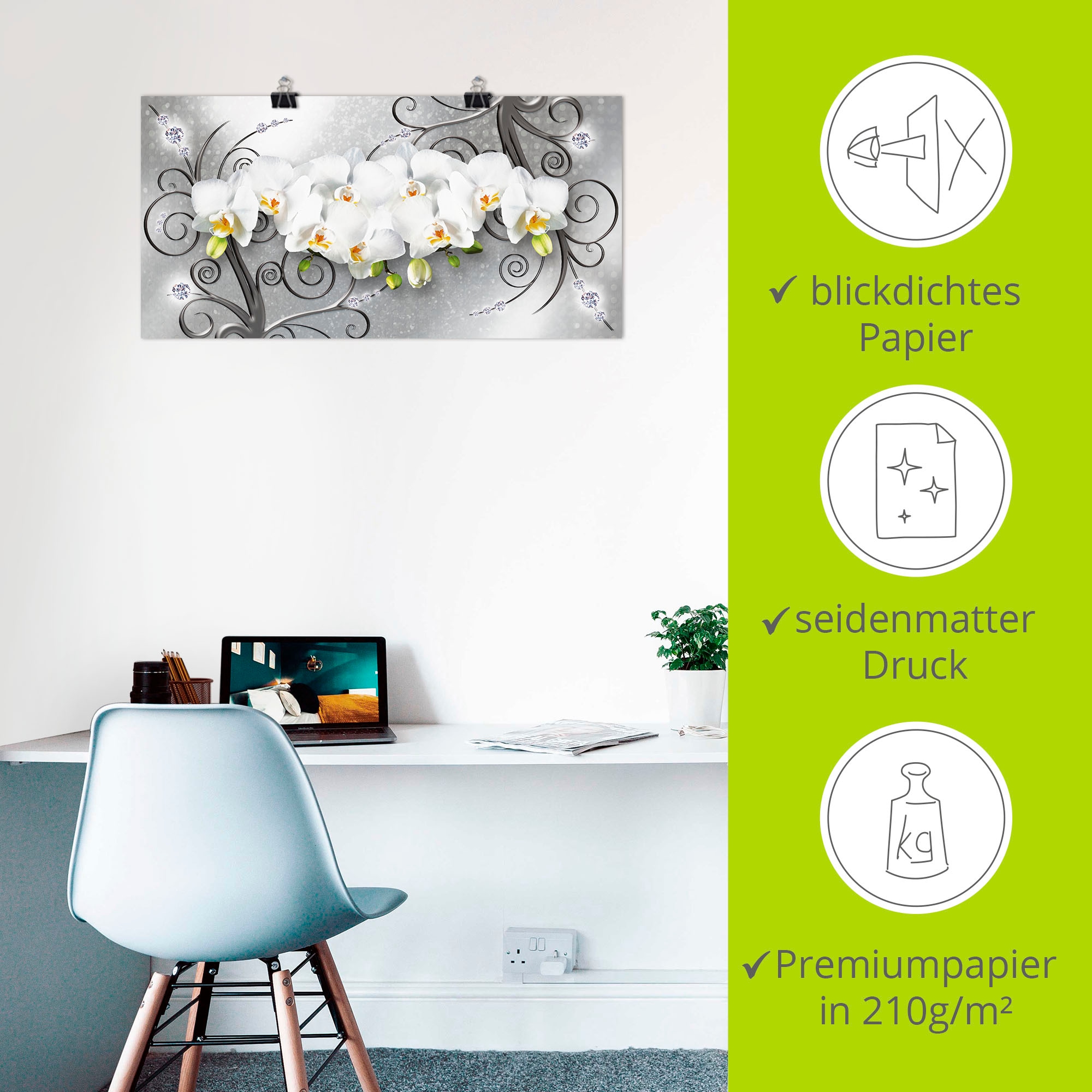 Artland Wandbild »weiße Orchideen auf Ornamenten« Blumenbilder 1 Stk. tlg. als Alubild, Outdoorbild, Leinwandbild, Poster, Wandaufkleber