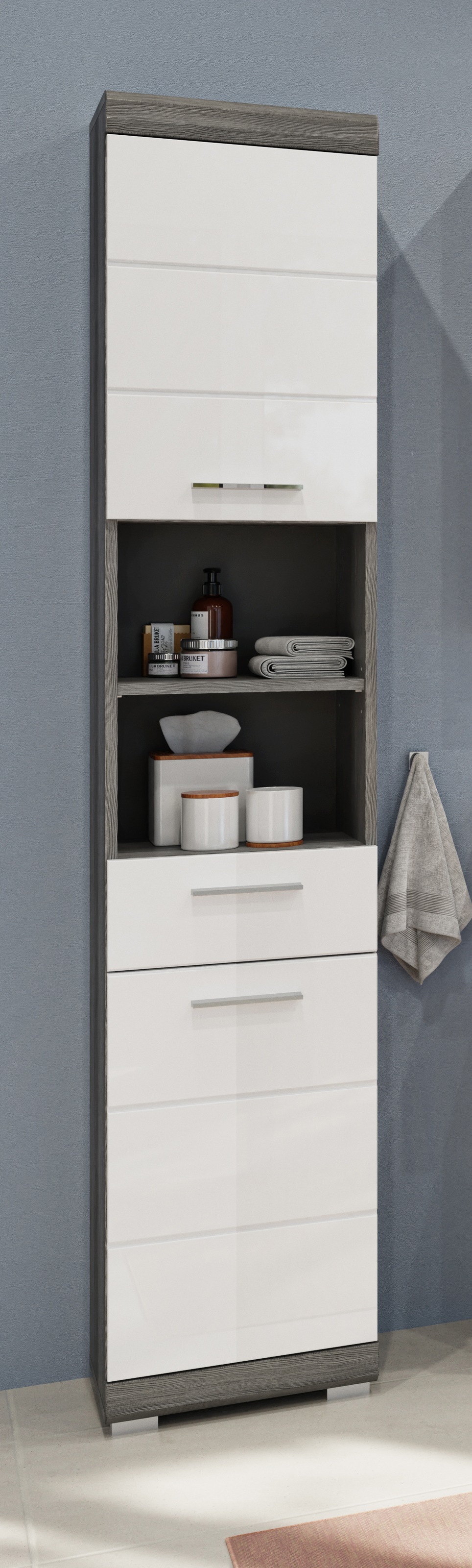 welltime Hochschrank "SIENA, Breite 37cm, 2 Tür, 1 Schubkasten, 2 offene Fächer, MDF-Front" TOPSELLER, 1 Stk. tlg. in verschiedenen Farben erhältlich, Badmöbel, Badschrank, Schrank, Bad