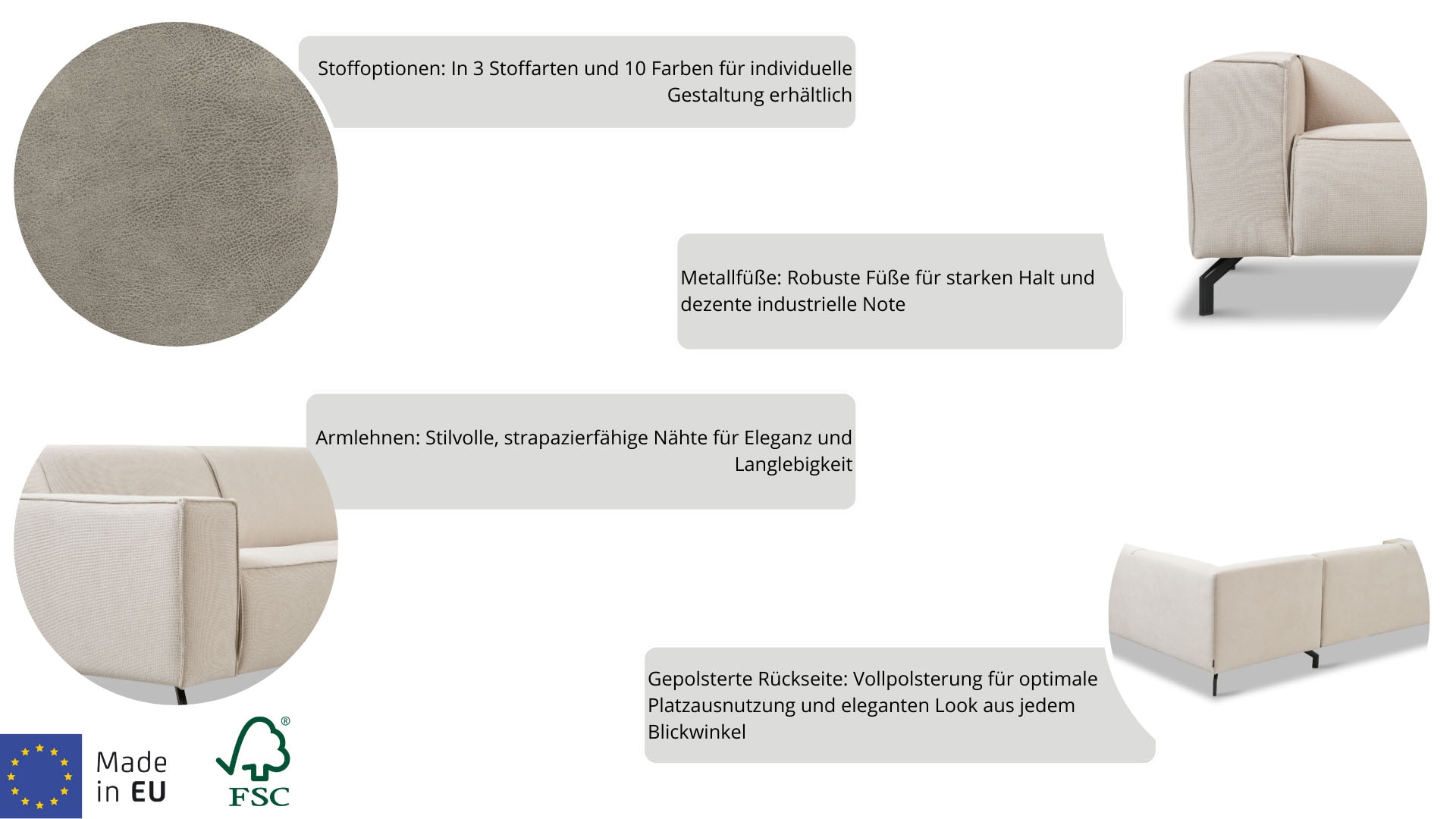 Places of Style Ecksofa Lorcan, in Lederoptik oder Strukturstoff lieferbar