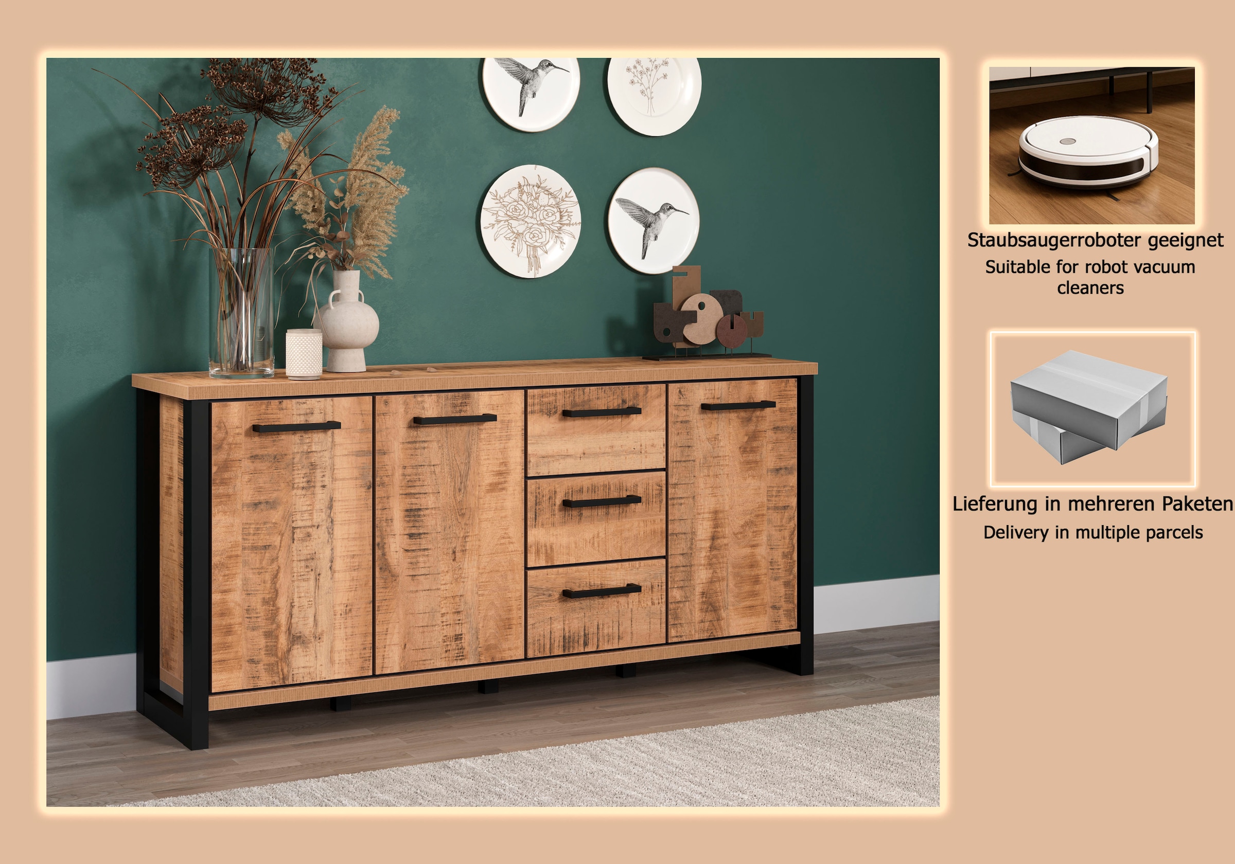 Home affaire Sideboard »Elda« 1 Stk. tlg. Sideboard mit 3 Türen & 3 Vollauszug Schubladen – (B/T/H) 180/45/86 cm